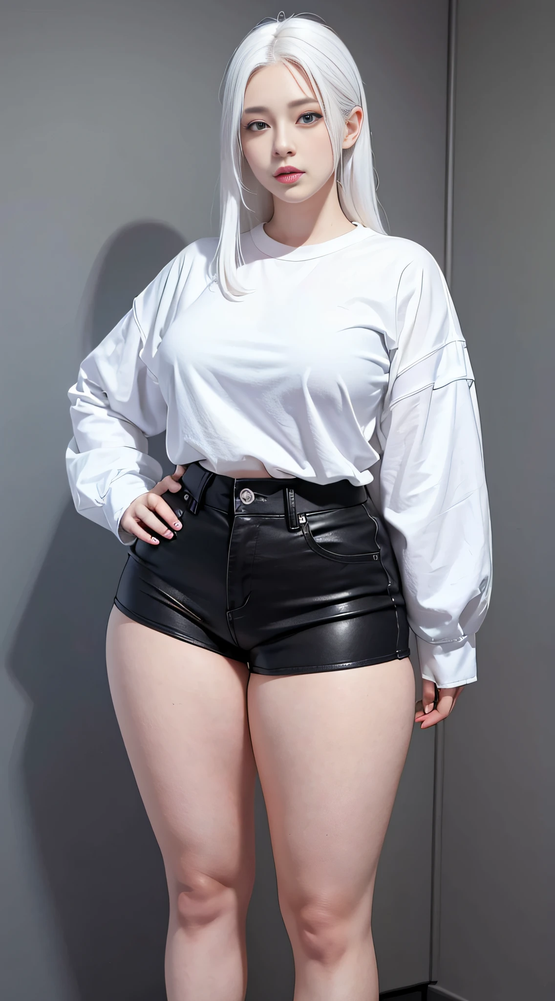 realistic, high resolution, 1 girl, white hair, Korean, blue eyes, white shirt, tight black shorts, thick thighs (dynamic pose)