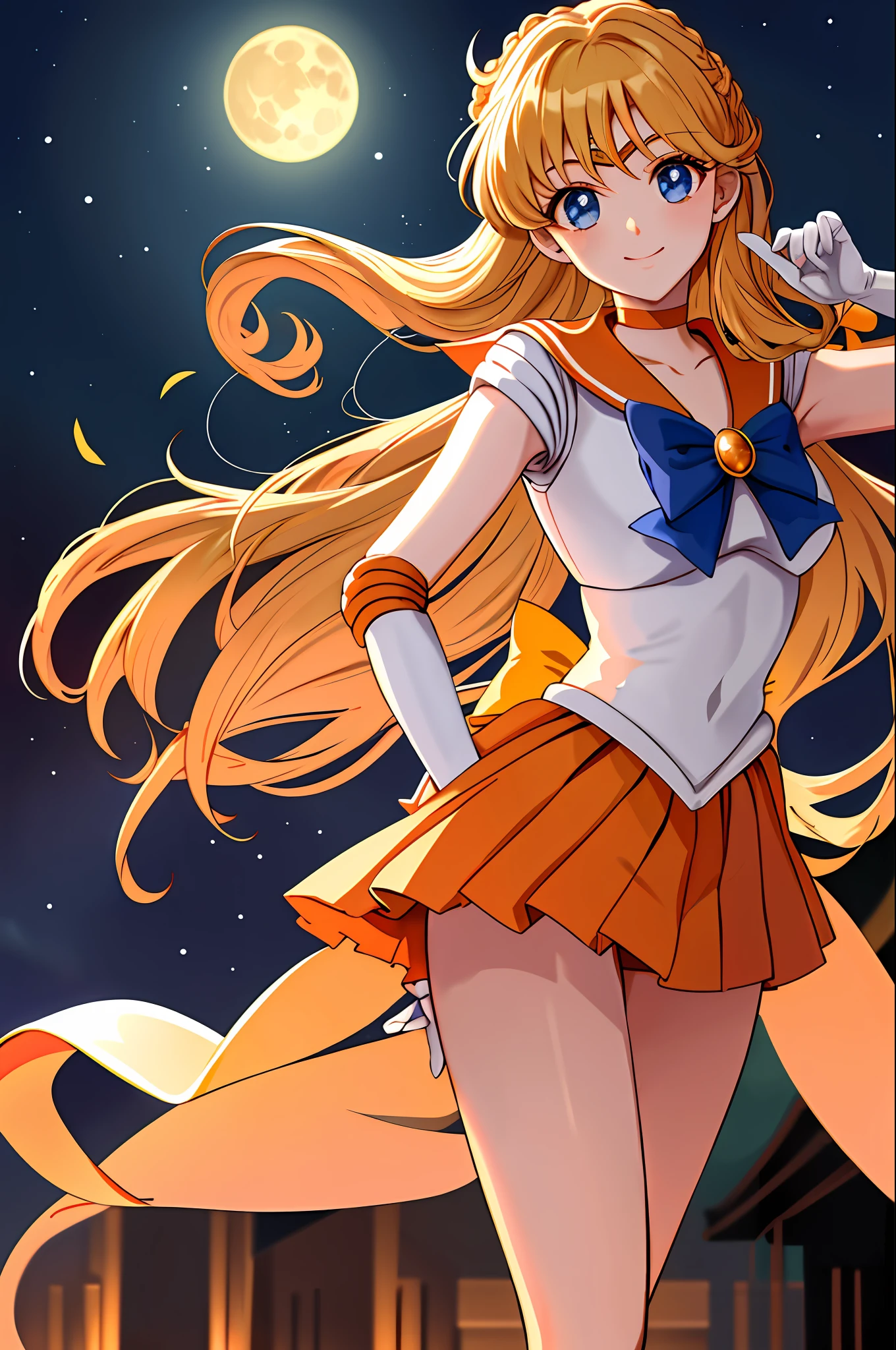 masterpiece, best quality, highres, sv1, golden brown hair, sailor senshi uniform, orange skirt, braids, curls, elbow gloves, tiara, pleated skirt, miniskirt, feather bow, orange choker, white gloves, jewelry, night, moon, cowboy shot, standing, hand on hip, smile,