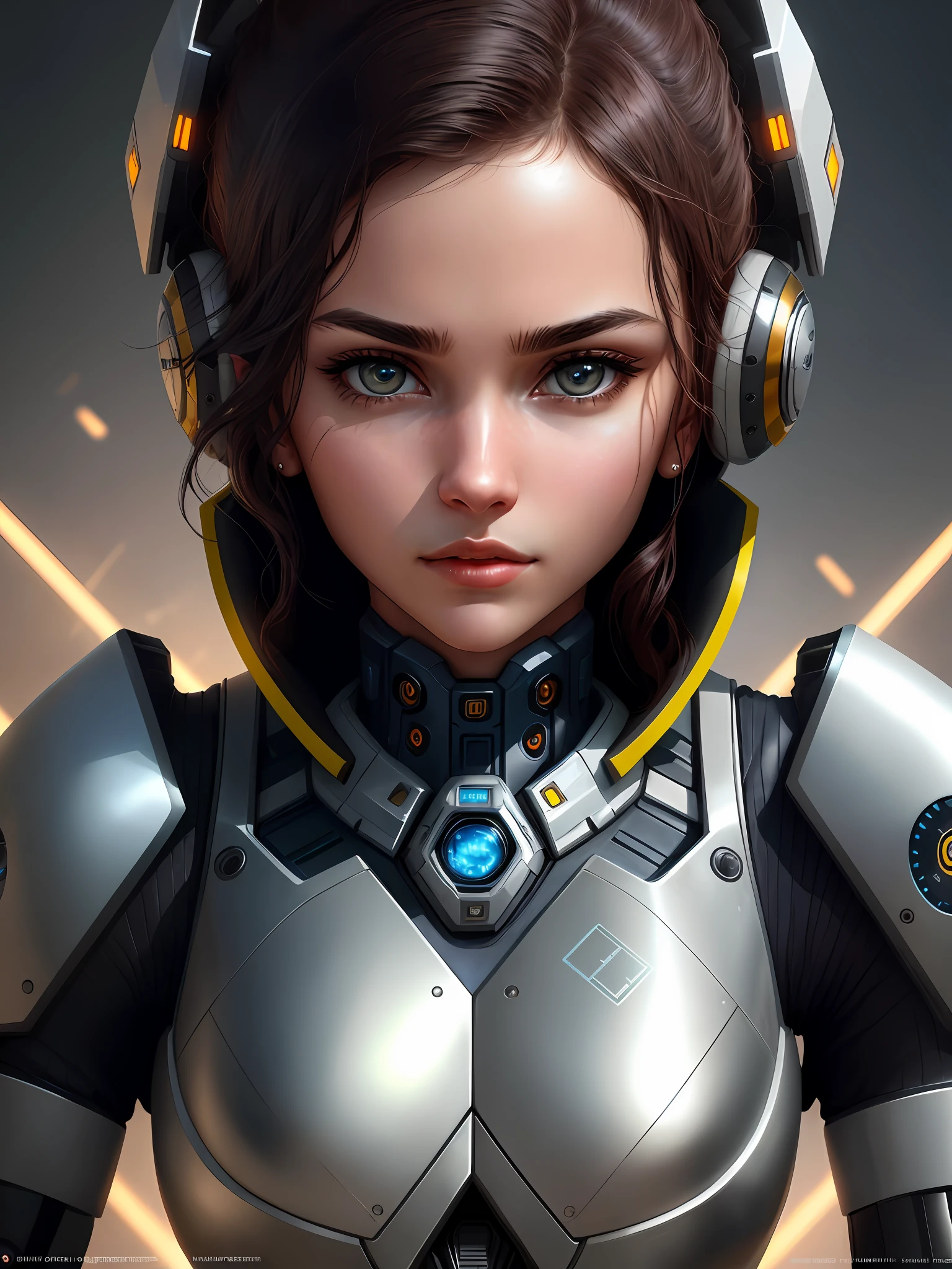 Woman with a striking face, divided into two distinct parts. One side is human skin, with facial features such as expressive eyes, defined eyebrows, nose and lips. The other side is robotic, composed of metallic materials, geometric lines and a shiny surface. There may be visible technological details, such as gears, circuits, or lights. The woman looks directly at the camera, with a piercing and intense gaze. His expression can reveal a combination of determination, mystery, and perhaps a touch of vulnerability. The eyes can convey contradictory emotions such as curiosity and serenity, while the robotic face can convey a sense of distance or coldness. The lighting of the image can be dramatic, with a play of light and shadows that emphasizes the contrasts between the human and robotic elements of the face. There may be a direct light focusing on the woman's face, highlighting her facial features and creating a certain glow in the metallic details. The background of the image can be cyberpunk, keeping the main focus on the woman, allowing the woman's face to be the central point. The image can convey a futuristic atmosphere, combining elements of advanced technology with human presence. There may be a slight touch of mystery or tension in the air, evoking questions about the nature of existence and the place of humans in an increasingly automated world. The image can depict a smooth, metallic surface on the robotic side of the face, with a cool appearance to the touch. On the other hand, the human side of the face can have the smooth, warm texture of the skin, with subtle frown lines or visible pores. This contrast of textures can add visual depth to the image, (realistic, photo-realistic: 1.37), amazing, finely detailed, masterpiece, best quality, official art, extremely detailed CG unit 8k wallpaper, absurd, incredibly absurd, robot, no nudity