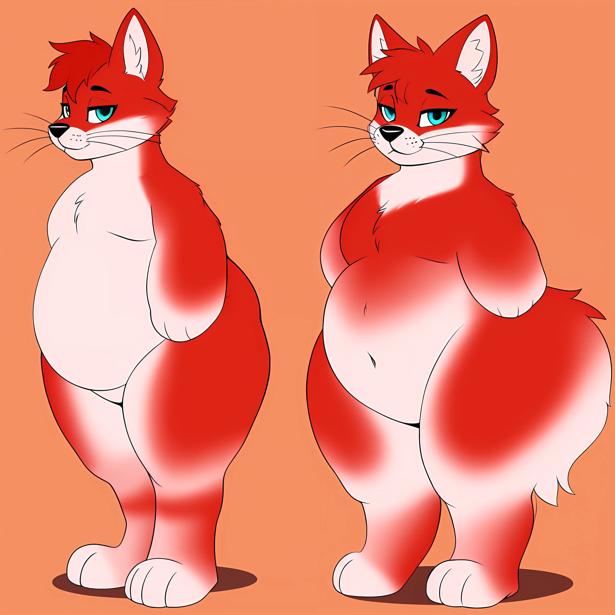 femboy, Cartoony style, furry oc, commission, furry oc commission, feral, large stature, Crimson striped fur, angular depth, paws, whiskers, muzzle, Well polished, extremely detailed, delicate features, Zachary911, he is growing wider and softer, slight weight gain, growing hips, growing thighs, plump and squishy legs, thick chonky legs