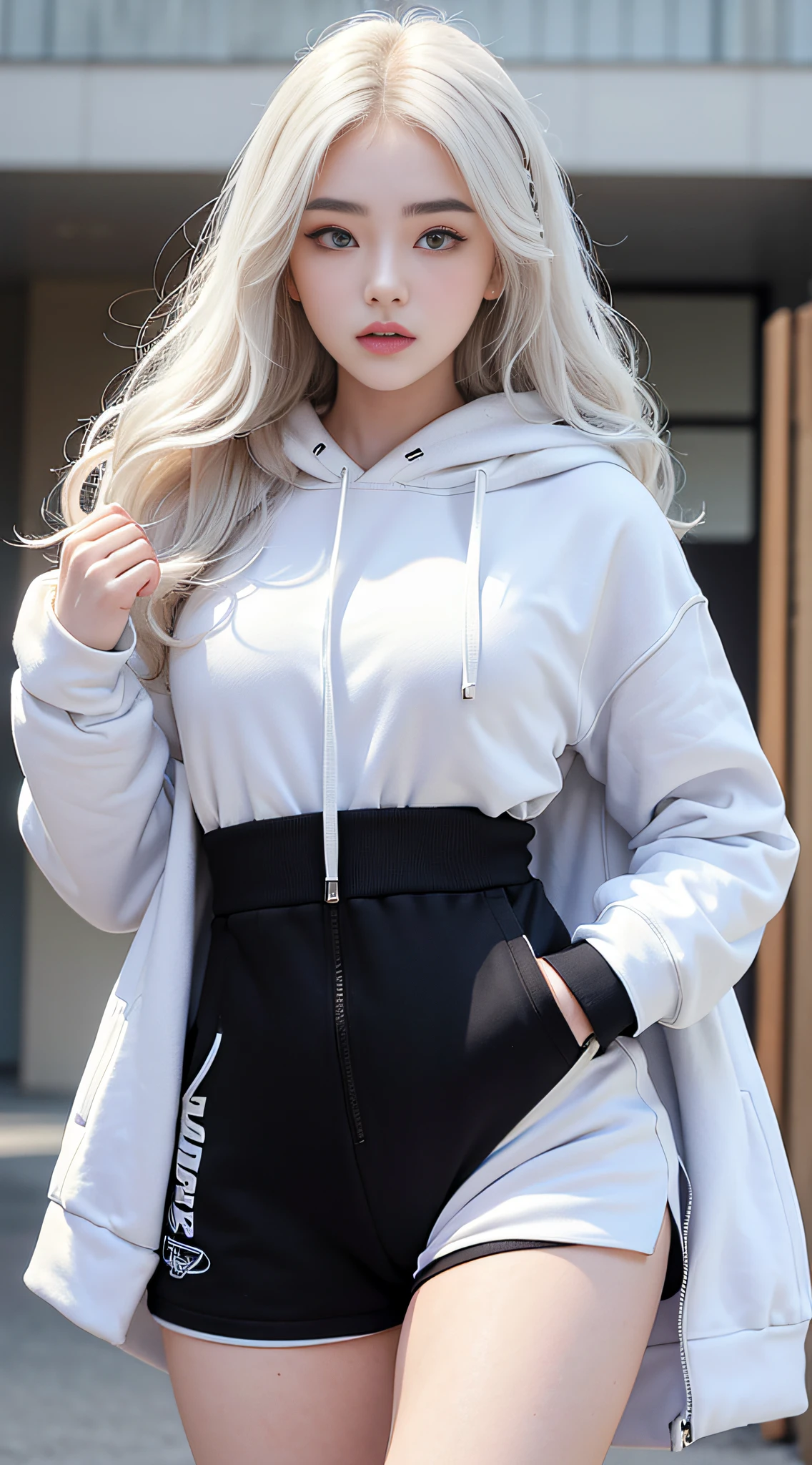 (Masterpiece, realistic, high resolution), (1 girl): 1.2), Korean, ((white wavy hair): 1.3), (heterochromic eyes: 1.1, thick eyebrows,), (white hoodie, black sports shorts), (medium breasts): 1.2, small waist, thighs), catwalk