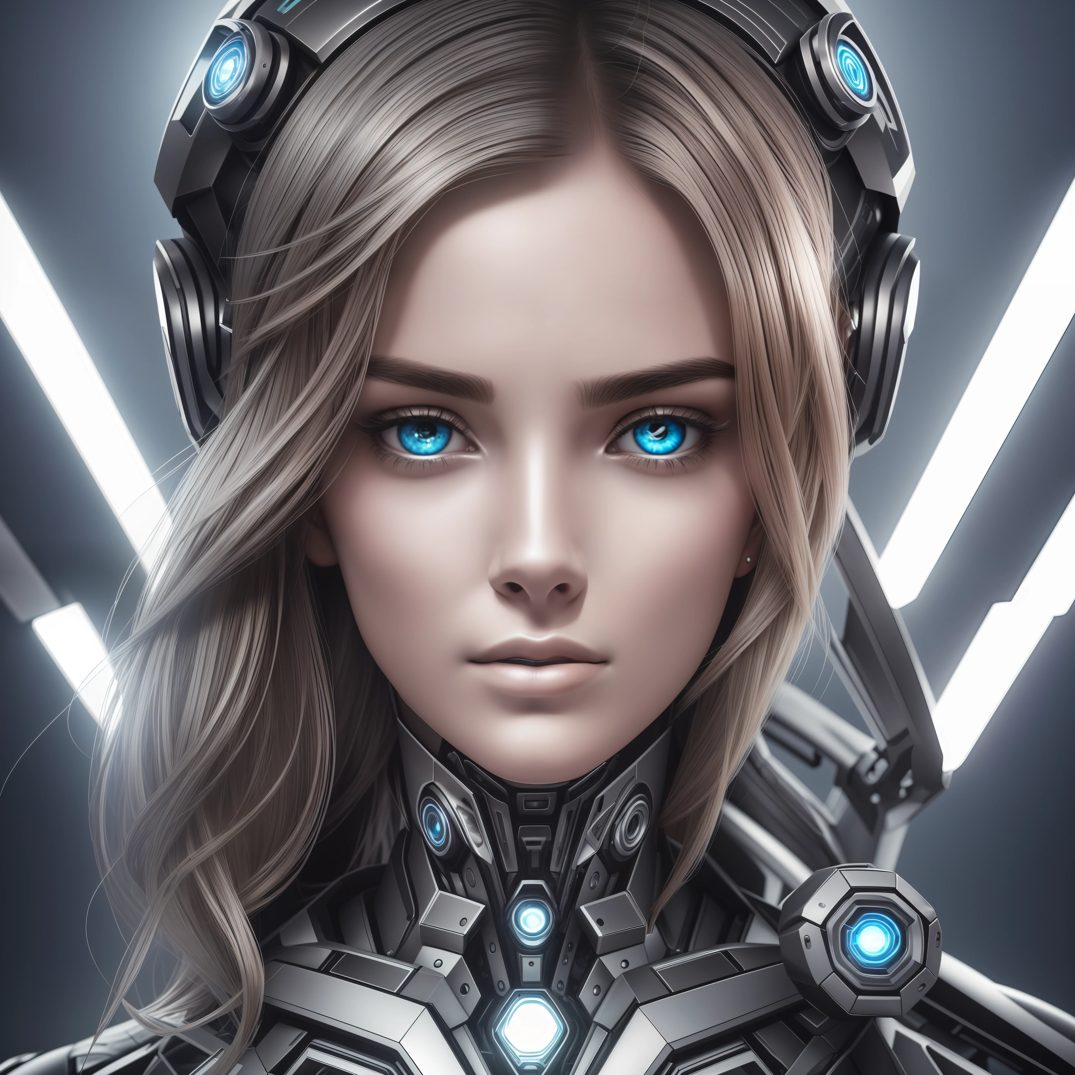 A female figure with a striking face, divided into two distinct parts. One side is human skin, with facial features such as expressive eyes, defined eyebrows, nose and lips. The other side is robotic, composed of metallic materials, geometric lines and a shiny surface. There may be visible technological details, such as gears, circuits, or lights. The woman looks directly at the camera, with a piercing and intense gaze. His expression can reveal a combination of determination, mystery, and perhaps a touch of vulnerability. The eyes can convey contradictory emotions such as curiosity and serenity, while the robotic face can convey a sense of distance or coldness. The lighting of the image can be dramatic, with a play of light and shadows that emphasizes the contrasts between the human and robotic elements of the face. There may be a direct light focusing on the woman's face, highlighting her facial features and creating a certain glow in the metallic details.  The background of the image can be cyberpunk, keeping the main focus on the woman, allowing the woman's face to be the central point. The image can convey a futuristic atmosphere, combining elements of advanced technology with human presence. There may be a slight touch of mystery or tension in the air, evoking questions about the nature of existence and the place of humans in an increasingly automated world. : The image can depict a smooth, metallic surface on the robotic side of the face, with a cool appearance to the touch. On the other hand, the human side of the face can have the smooth, warm texture of the skin, with subtle frown lines or visible pores. This contrasting of textures can add visual depth to the image. --auto --s2