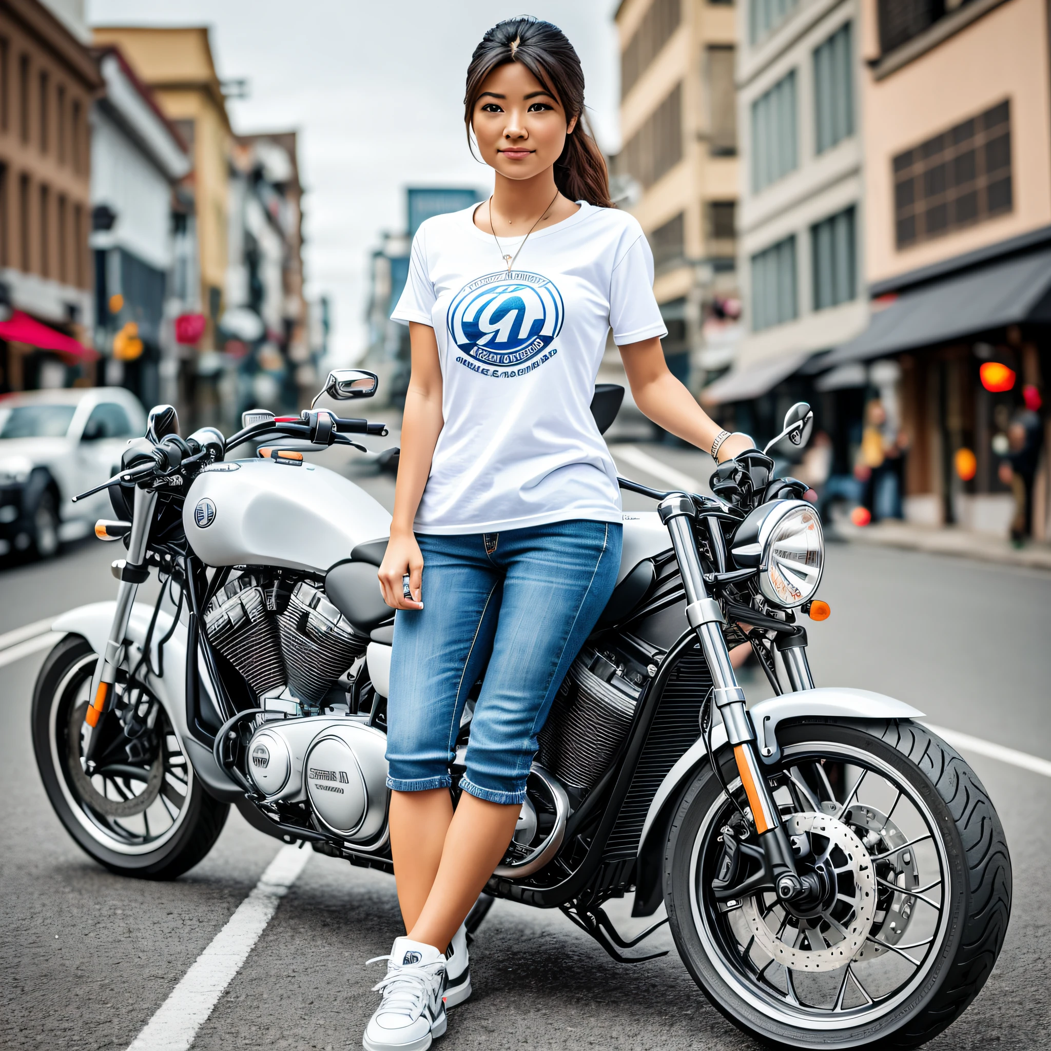 Imagine a woman standing next to a motorcycle. She is full of confidence, her posture is powerful, her eyes are directed forward. Her outfit is casual, with jeans and a T-shirt, and sneakers on her feet. The background is white, emphasizing the contrast with the woman. This scene was shot with a Canon EOS 5D Mark IV DSLR camera, EF 50mm f/1.8 STM lens. It has a resolution of 30.4 megapixels, an ISO sensitivity of 32,000 and a shutter speed of 8000 seconds. --ar 16:9 --v 5.1 --style raw --q 2 --s 750 --auto --s2