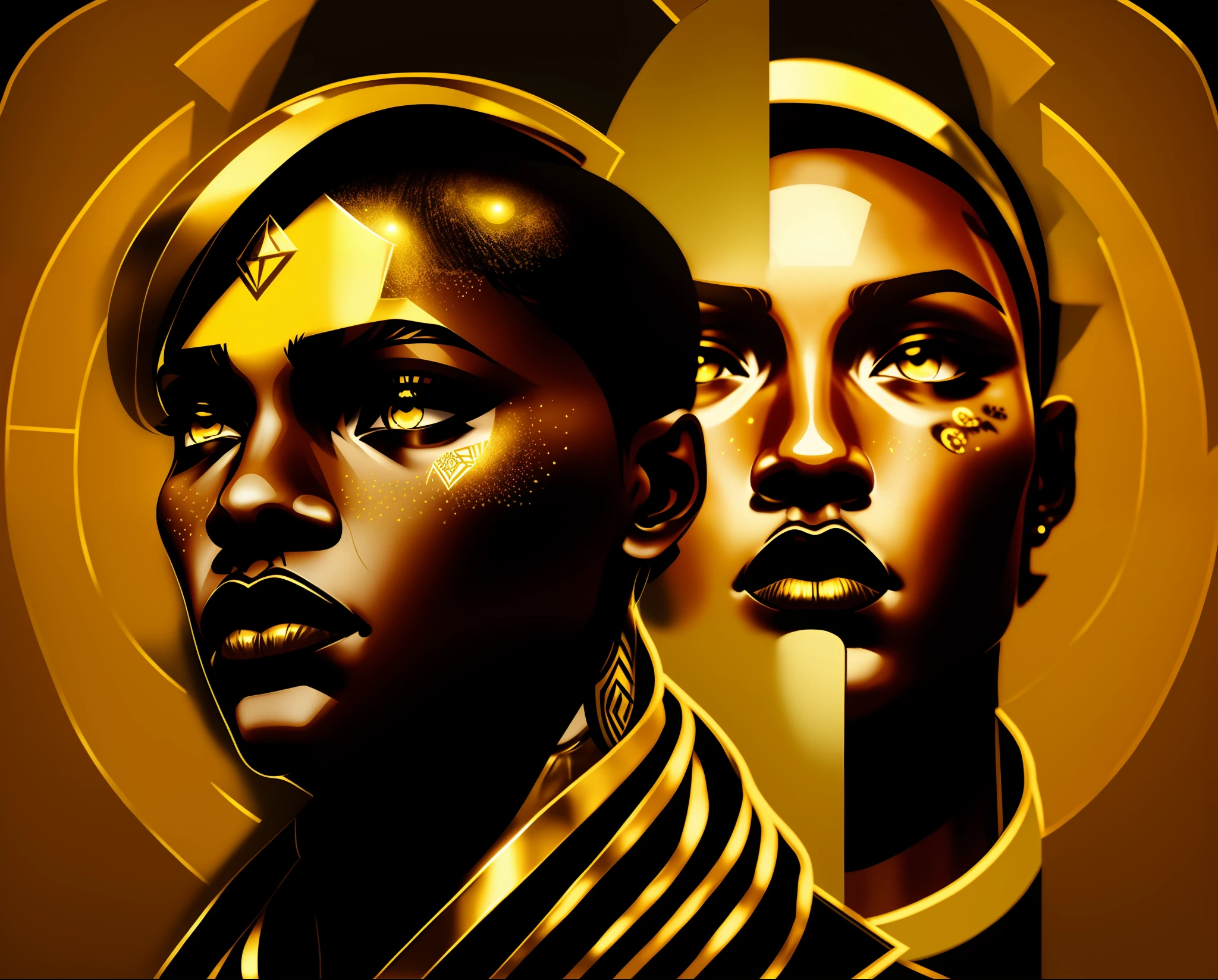 A closeup of a yellow and black face with two faces, 3 heads, three heads, symmetrical cut sticker, golden face tattoos, symmetrical sticker design, three heads one body, CSGO team sticker, giant gold head statue ruins, head, minimalist sticker, not two heads, heads, many heads, high resolution printing:  1 cmyk: 1, logo ((logo)) paul rand, by paul hand