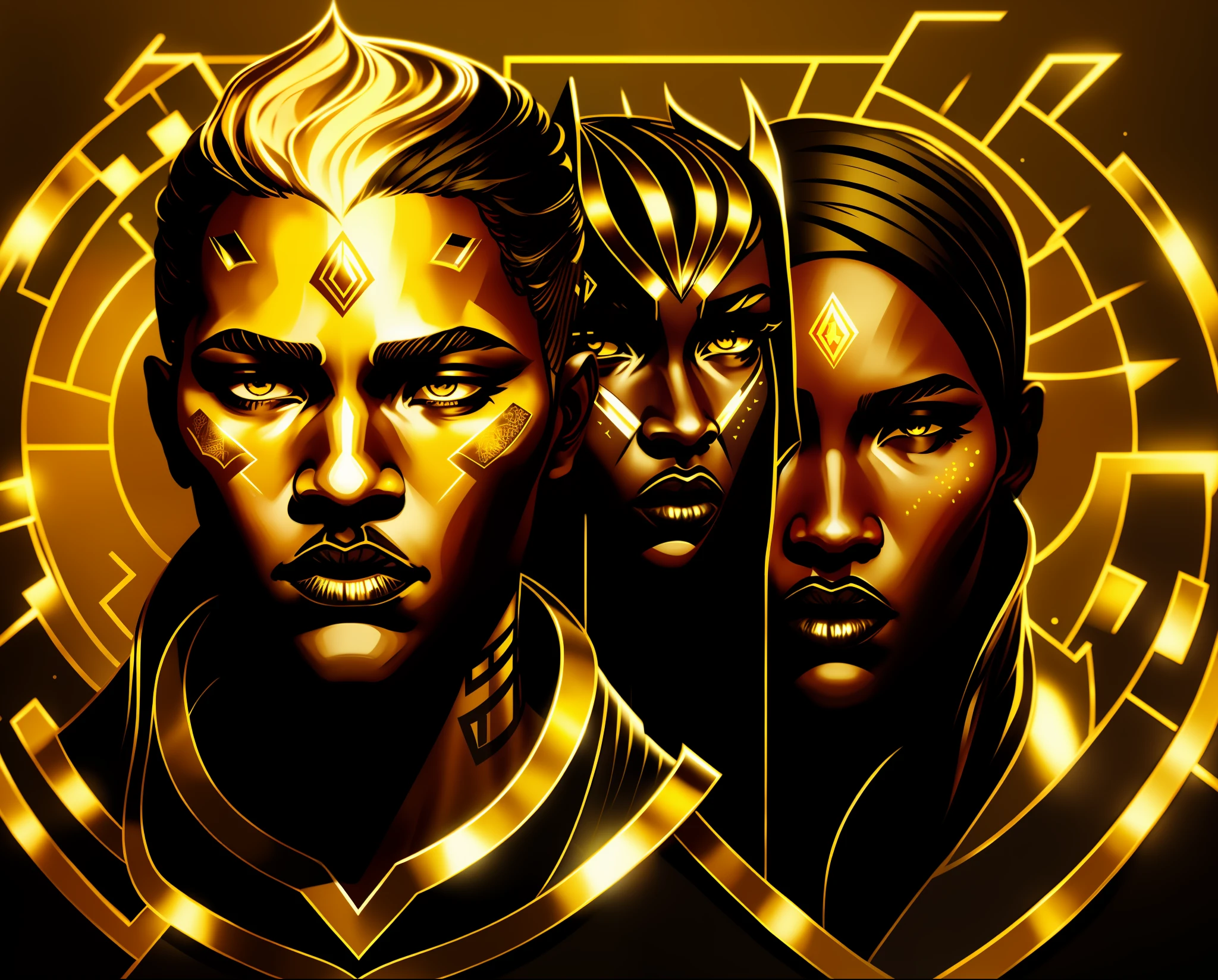 A closeup of a yellow and black face with two faces, 3 heads, three heads, symmetrical cut sticker, golden face tattoos, symmetrical sticker design, three heads one body, CSGO team sticker, giant gold head statue ruins, head, minimalist sticker, not two heads, heads, many heads, high resolution printing: 1 cmyk: 1, logo ((logo)) paul rand, by paul hand