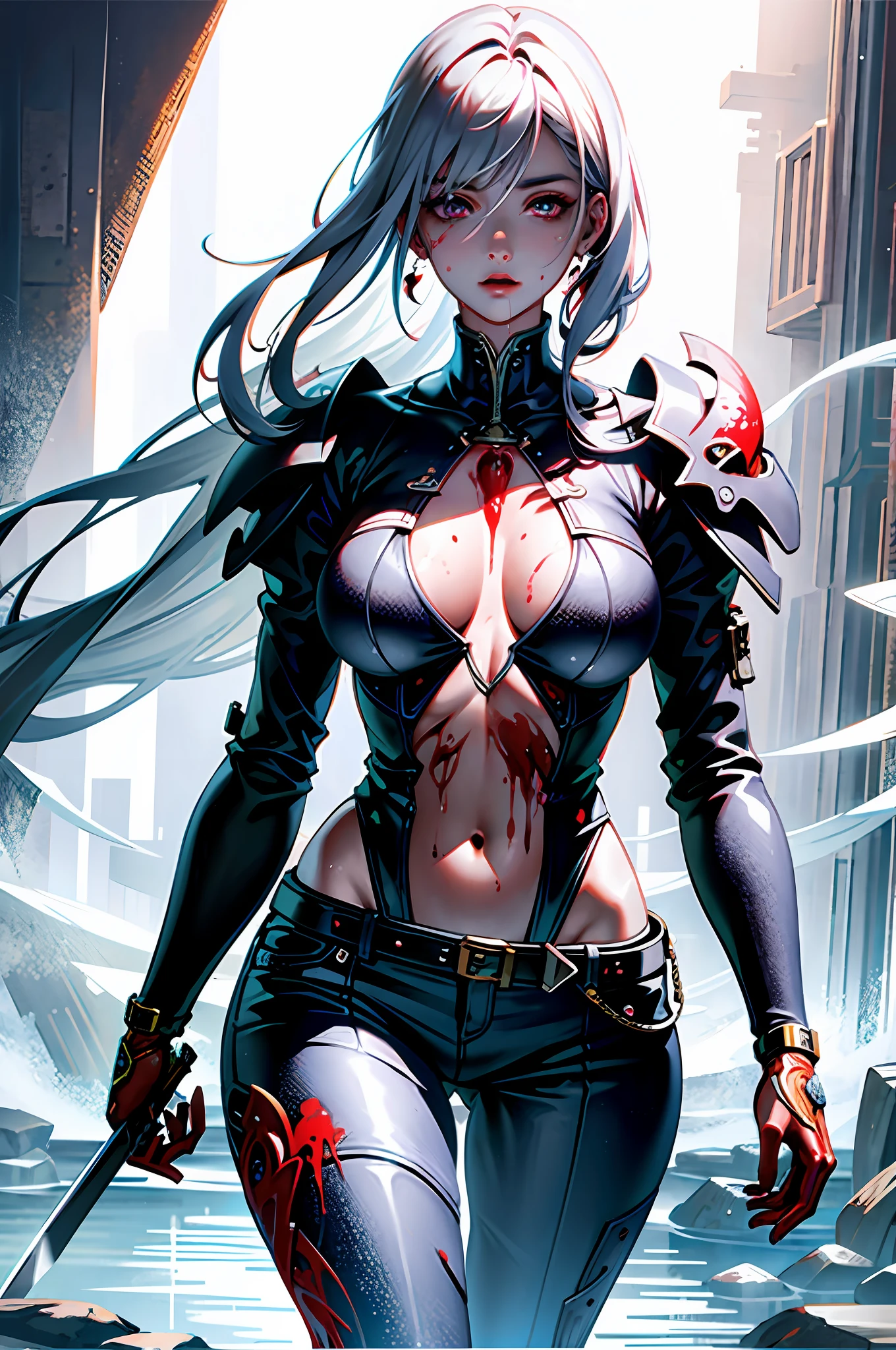 ((masterpiece)), (((best quality))), ((ultra detail)), ((illustration)), ((semi-realistic)), (reflections), sharp focus, front lighting, intense shadows, (beautiful detailed eyes), eyelashes, (extremely delicate and beautiful girl), ((red eye)), silver hair, (jacket), (trousers), long hair, (wielding a katana), ((detailed eyes)), ( cold-blooded), (((big chest))), cleavages, shiny skin, cinematic lighting mask, ray tracing, depth of field, dynamic angle, looking at the viewer, ((epic background)), (blood on the face 1.2), (difficulty 1.4), highly detailed fingers, highly detailed hand, highly detailed full body, highly detailed face and eyes, fully body views, standing, high detail legs, highly detailed thighs, standing on water, (highly details breast), cleavages, separate legs, (wet body), (wet hair),