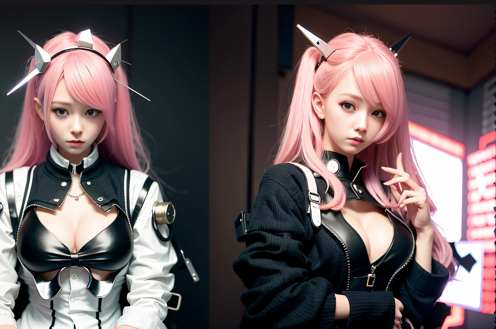 two pictures of a woman with pink hair and a white shirt, the style of wlop, wlop and krenz cushart, wlop loish and clamp style, trending on cgstation, female cyberpunk anime girl, cyberpunk 2 0 y. o model girl, 3 d render character art 8 k, ross tran and wlop, cyborg - girl with silver hair