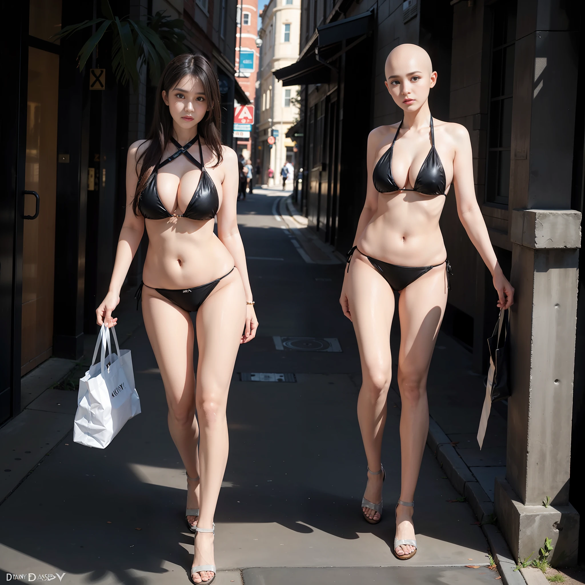 Surrealistic female portraits by David Hockney and Alphonse Mucha, fantasy art, photorealism, dynamic lighting, artstation, volumetric lighting, very detailed faces, 4k, award-winning, 1girl, in the dark, deep shadow, understated, (ultra-fine bikini: 1.4), bald head, huge huge breasts with severe sagging, full body, city streets, empty-handed, frontal view,