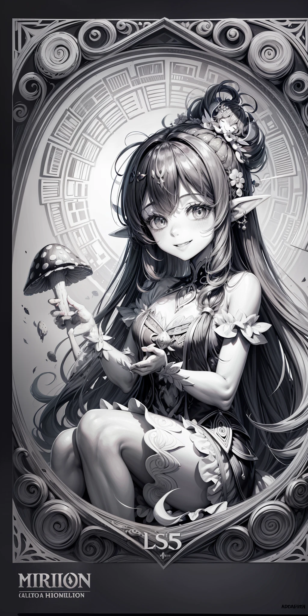 black and white coloring page a beautiful smiling fairy sitting on a large dotted mushroom brushing her long hair clip art on white background - --auto --s2
