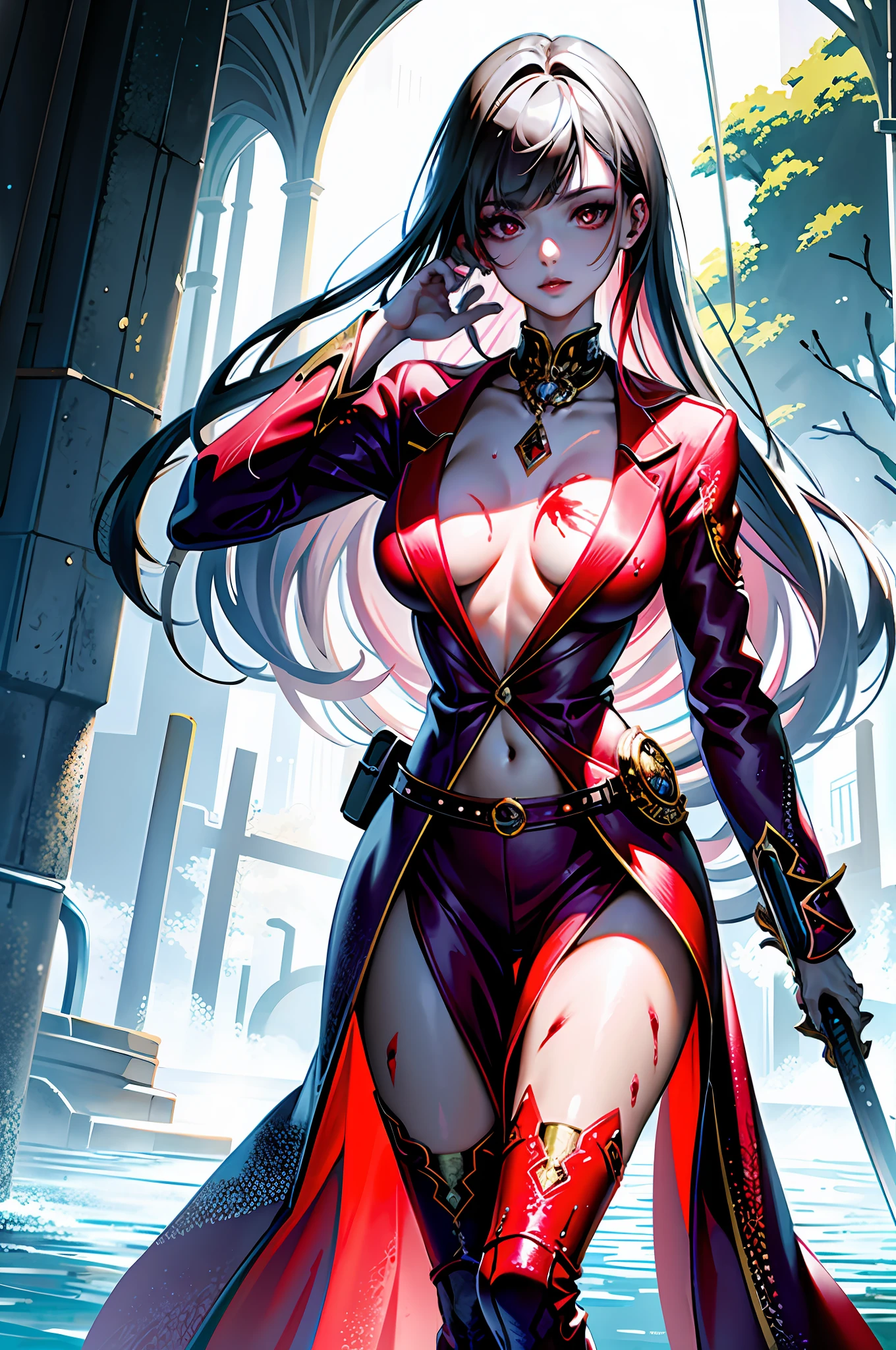 ((masterpiece)), (((best quality))), ((ultra detail)), ((illustration)), ((semi-realistic)), (reflections), sharp focus, front lighting, intense shadows, (beautiful detailed eyes), eyelashes, (extremely delicate and beautiful girl), ((red eye)), silver hair, (jacket), (trousers), long hair, (wielding a katana), ((detailed eyes)), ( cold-blooded), (((big chest))), cleavages, shiny skin, cinematic lighting mask, ray tracing, depth of field, dynamic angle, looking at the viewer, ((epic background)), (blood on the face 1.2), (difficulty 1.4), highly detailed fingers, highly detailed hand, highly detailed full body, highly detailed face and eyes, fully body views, standing, high detail legs, highly detailed thighs, standing on water, (highly details breast), cleavages, separate legs, (wet body), (wet hair),