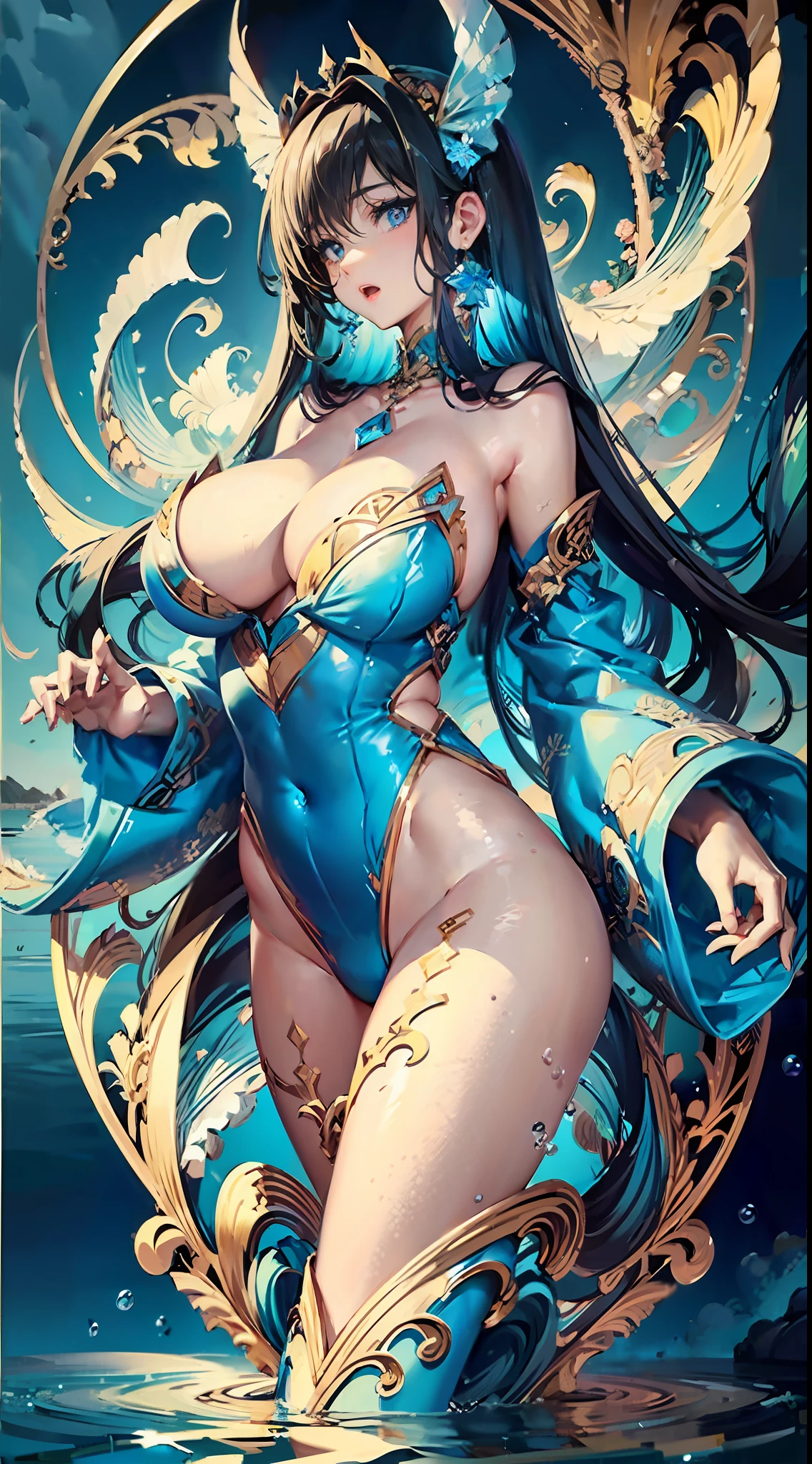 Full body, equally beautiful anime style girl, (beautiful and delicate eyes), delicate blue eyes, water ripples, 20 years old, sexy theme, high detail, perfect face shape, perfect body, oversize model, mature woman, tall long legs, super huge breasts,,,16k