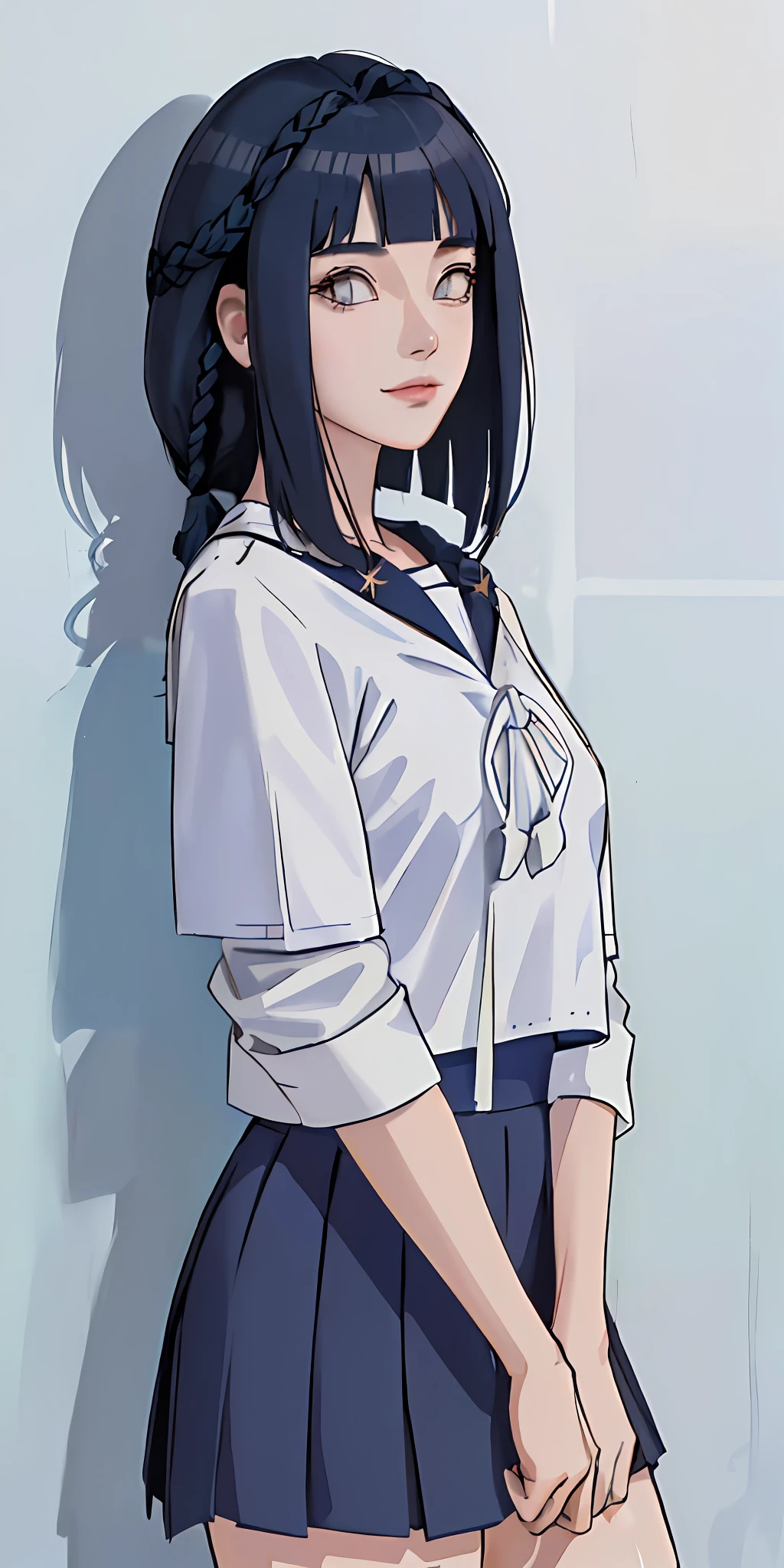 highres, ultra detailed), masterpiece, hinata\(boruto\), solo, 1girl,medium breasts, (((high school))), ((((high school attire)))), smile, (((medium hair))), blink blink effect, (((detailed lips))), knee crop, school building, from side, (((dark blue hair))) standing, looking at someone far away, cute face, young, (((braid hair))), (((white top)))