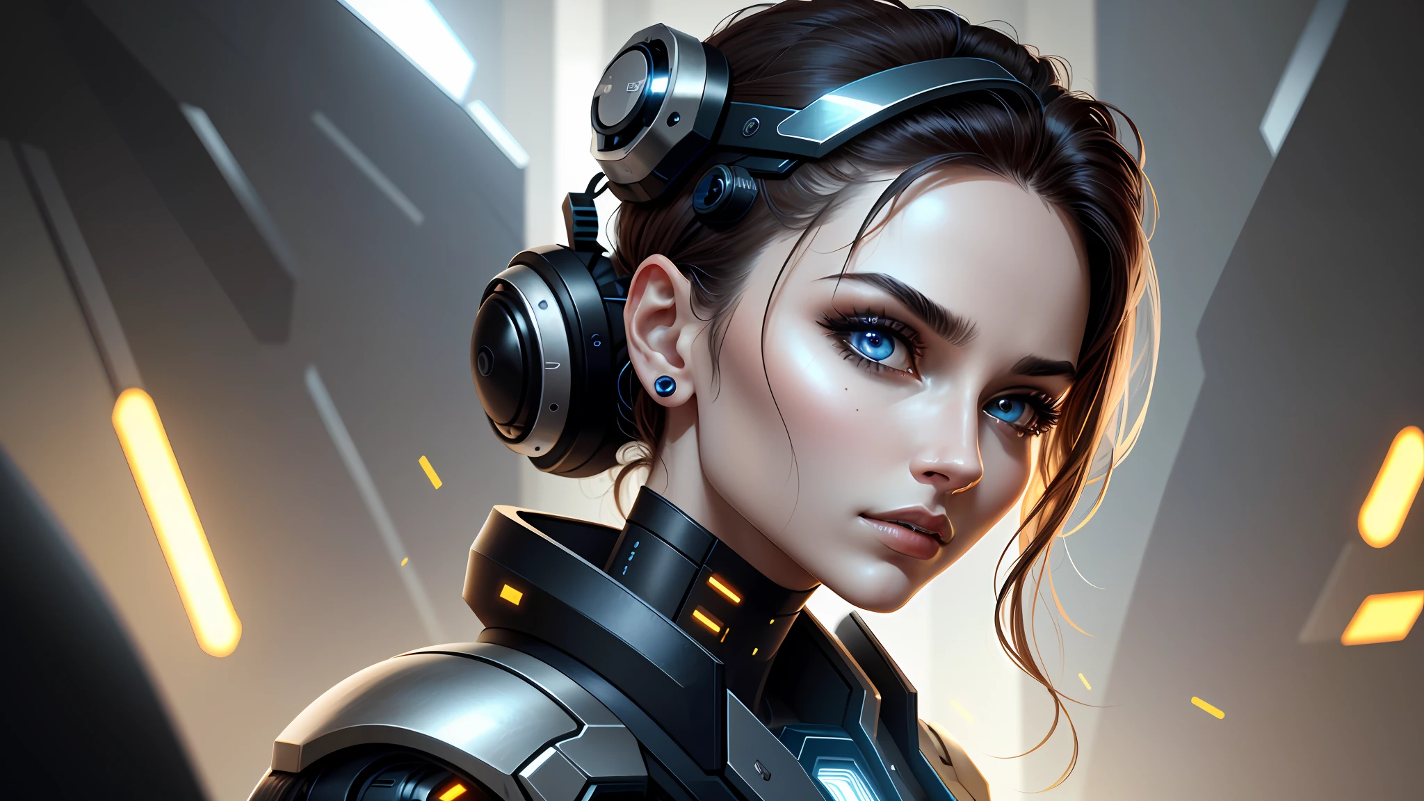 Woman with a striking face, divided into two distinct parts. One side is human skin, with facial features such as expressive eyes, defined eyebrows, nose and lips. The other side is robotic, composed of metallic materials, geometric lines and a shiny surface. There may be visible technological details, such as gears, circuits, or lights. The woman looks directly at the camera, with a piercing and intense gaze. His expression can reveal a combination of determination, mystery, and perhaps a touch of vulnerability. The eyes can convey contradictory emotions such as curiosity and serenity, while the robotic face can convey a sense of distance or coldness. The lighting of the image can be dramatic, with a play of light and shadows that emphasizes the contrasts between the human and robotic elements of the face. There may be a direct light focusing on the woman's face, highlighting her facial features and creating a certain glow in the metallic details. The background of the image can be cyberpunk, keeping the main focus on the woman, allowing the woman's face to be the central point. The image can convey a futuristic atmosphere, combining elements of advanced technology with human presence. There may be a slight touch of mystery or tension in the air, evoking questions about the nature of existence and the place of humans in an increasingly automated world. The image can depict a smooth, metallic surface on the robotic side of the face, with a cool appearance to the touch. On the other hand, the human side of the face can have the smooth, warm texture of the skin, with subtle frown lines or visible pores. This contrasting of textures can add visual depth to the image, (real Sexy, feminine, young, cyber punk armor, visor, sharp focus, (4k), (Masterpiece), (Best Quality), sci-fi, extremely detailed, intricate, hyper detailed, illustration, soft lighting, (specular lighting: 1.4), absurdly,