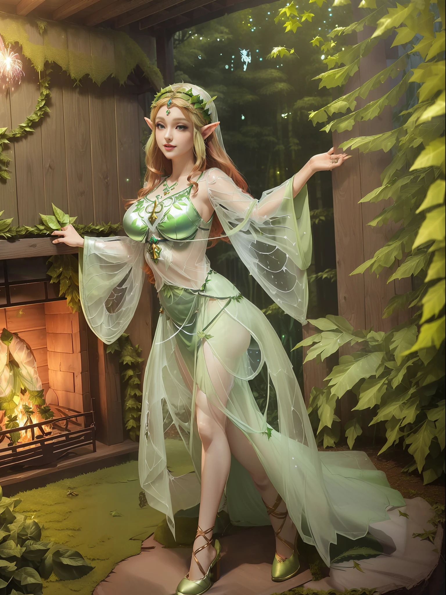 (Full body photo:1.5), (Princess Zelda/Mystical Fairy:1.5), (Big breasts:1.5), (she has extremely beautiful and transparent fairy wings:1.4), ((wearing clothes made of green leaves:1.5)/wreath on head:1.5), (looking at the viewer/smiling:1.3), (She is inside a wooden house with a fireplace with fireworks:1.5), (She has short red hair:1.3), (dark green eyes:1.3), (her costume is extremely tight/extremely transparent:1.5), (doing sexy poses while standing: 1.2), (award-winning, UHD, anime, high detail, 16k, high quality, masterpiece)