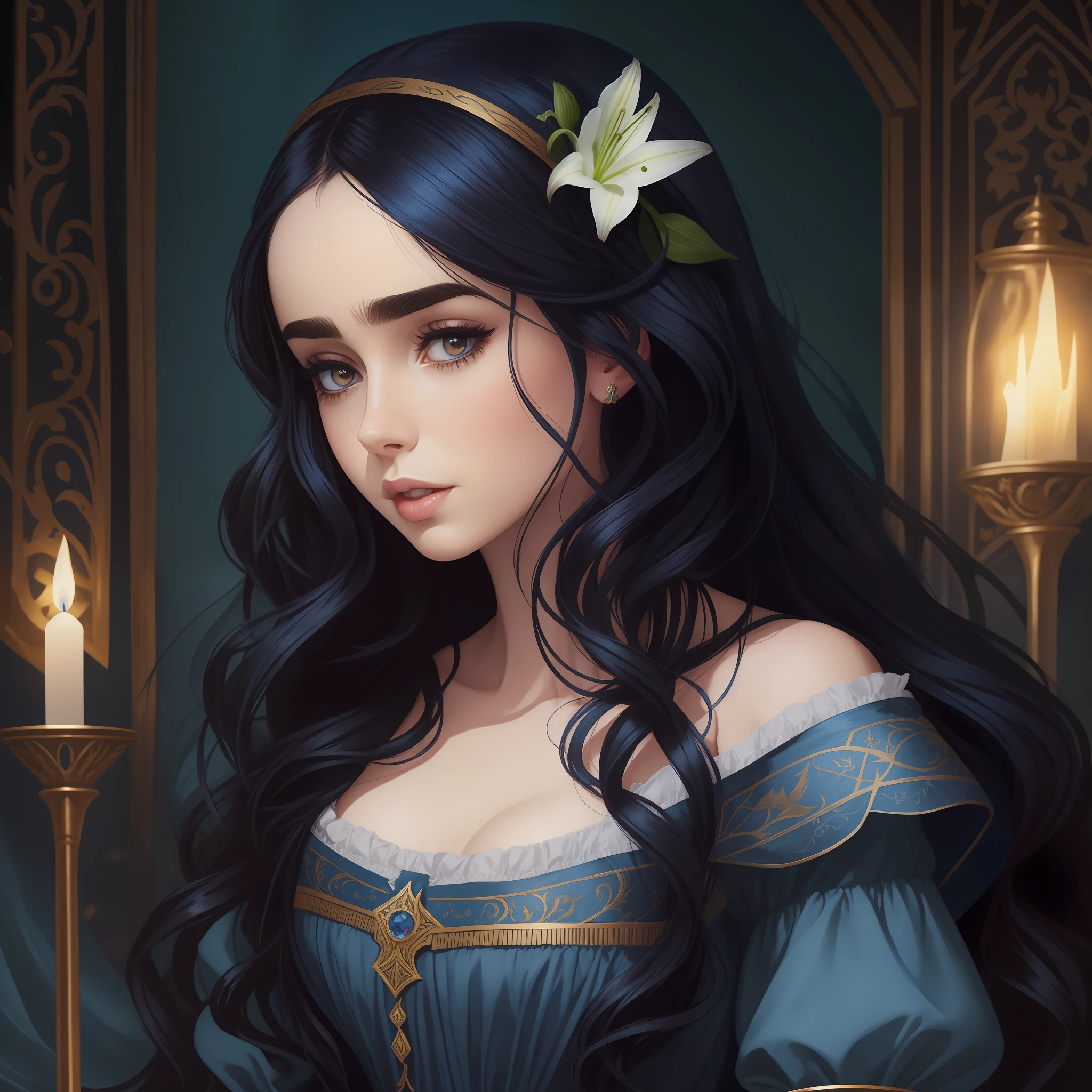 Lily Collins with long black curly hair in a blue chemise medieval, medieval clothing, the illustration is detailed, smooth and bright, HD art by WLOP