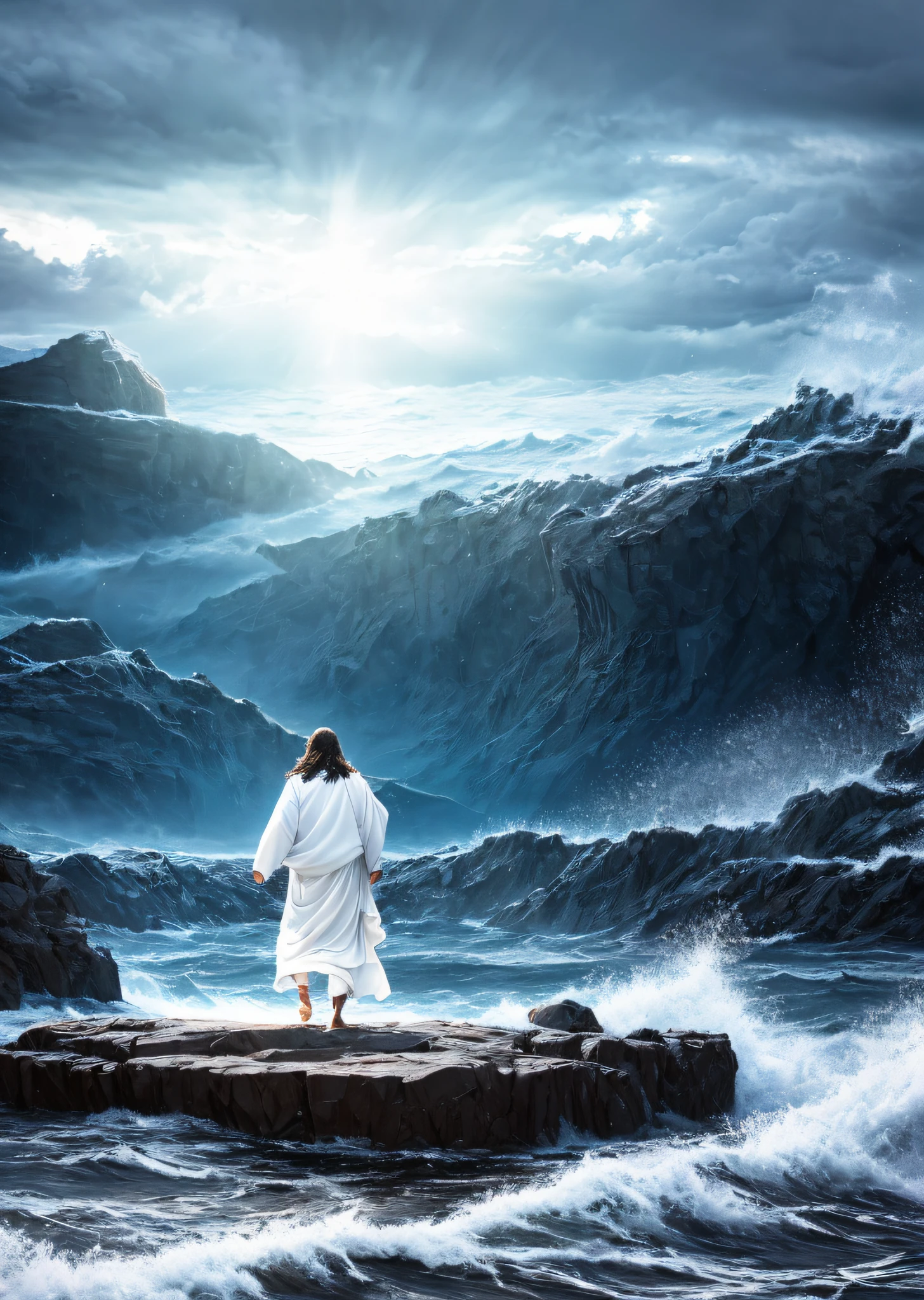 Jesus walking on water in a storm, expression of power, streaks of light descending from the sky, masterpiece, high quality, high quality, highly detailed CG unit 8k wallpaper, award-winning photos, bokeh, depth of field, HDR, bloom, chromatic aberration, realistic, very detailed, trend in artstation, trend in CGsociety, complex, high detail, dramatic, art in the middle of the journey,  Volumetric lighting