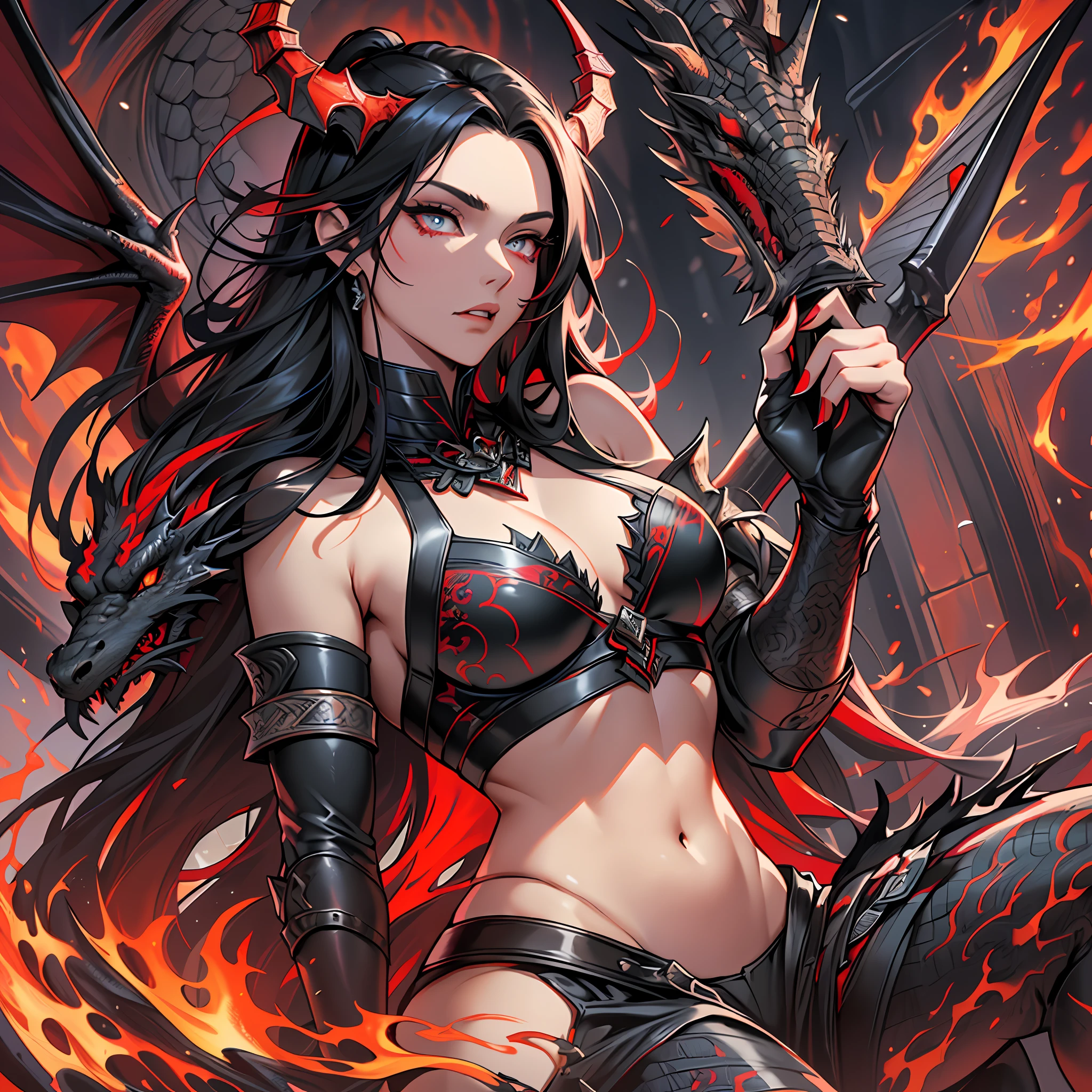 Queen of fire, holding an obsidian spear, wearing medieval armor, (medium breasts: 1.3) well-detached bra, red eyelids, beautiful eyes (Masterpiece, 8K, Detailed) long black hair with red locks, (slender abdomen: 1.0) facing a large black dragon with red details, dragon teeth highlighted, large dragon wings well detailed.