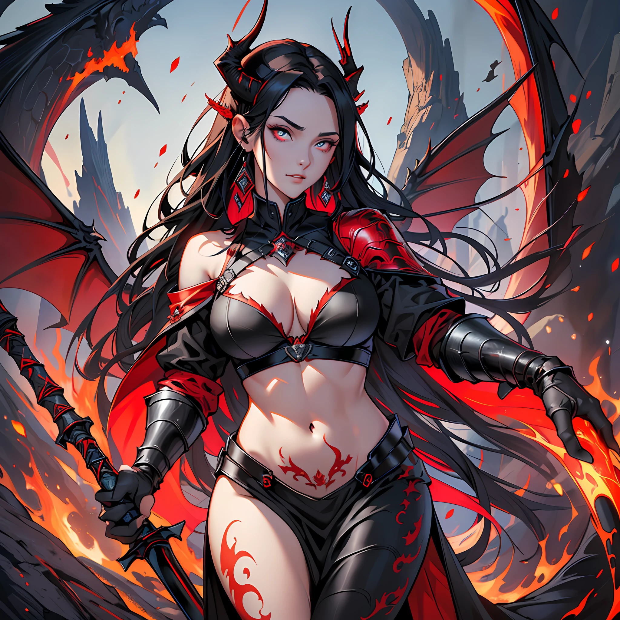 Queen of fire, holding an obsidian spear, wearing medieval armor, (medium breasts: 1.3) well-detached bra, red eyelids, beautiful eyes (Masterpiece, 8K, Detailed) long black hair with red locks, (slender abdomen: 1.0) facing a large black dragon with red details, dragon teeth highlighted, large dragon wings well detailed.
