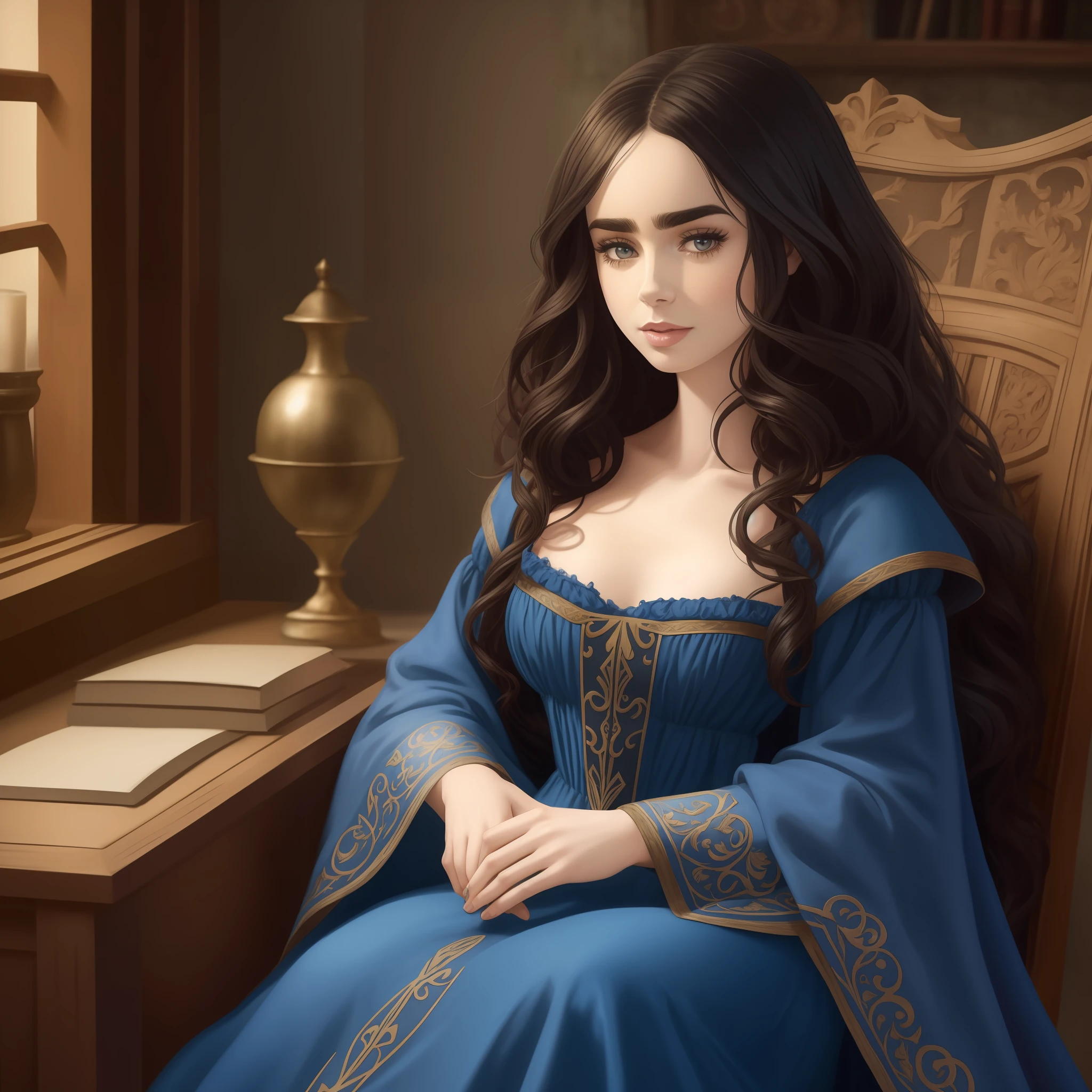 Lily Collins with long black curly hair in a blue chemise medieval, medieval clothing, the illustration is detailed, smooth and bright, HD