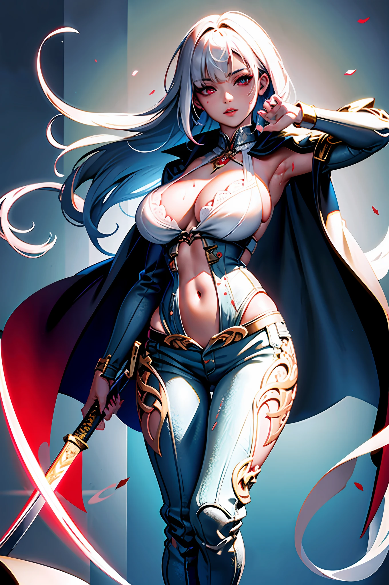 ((masterpiece)), (((best quality))), ((ultra detail)), ((illustration)), ((semi-realistic)), (reflections), sharp focus, front lighting, intense shadows, (beautiful detailed eyes), eyelashes, (extremely delicate and beautiful girl), ((red eye)), silver hair, (jacket), (trousers), long hair, (wielding a katana), ((detailed eyes)), ( cold-blooded), (((big chest))), shiny skin, cinematic lighting mask, ray tracing, depth of field, dynamic angle, looking at the viewer, ((epic background)), (blood on the face 1.2), (difficulty 1.4), highly detailed fingers, highly detailed hand, highly detailed full body, highly detailed face and eyes, (Large breasts), ((Breasts Open up)), fully body views, standing, high detail legs, chest open, wet body, wet hair, curvy body,