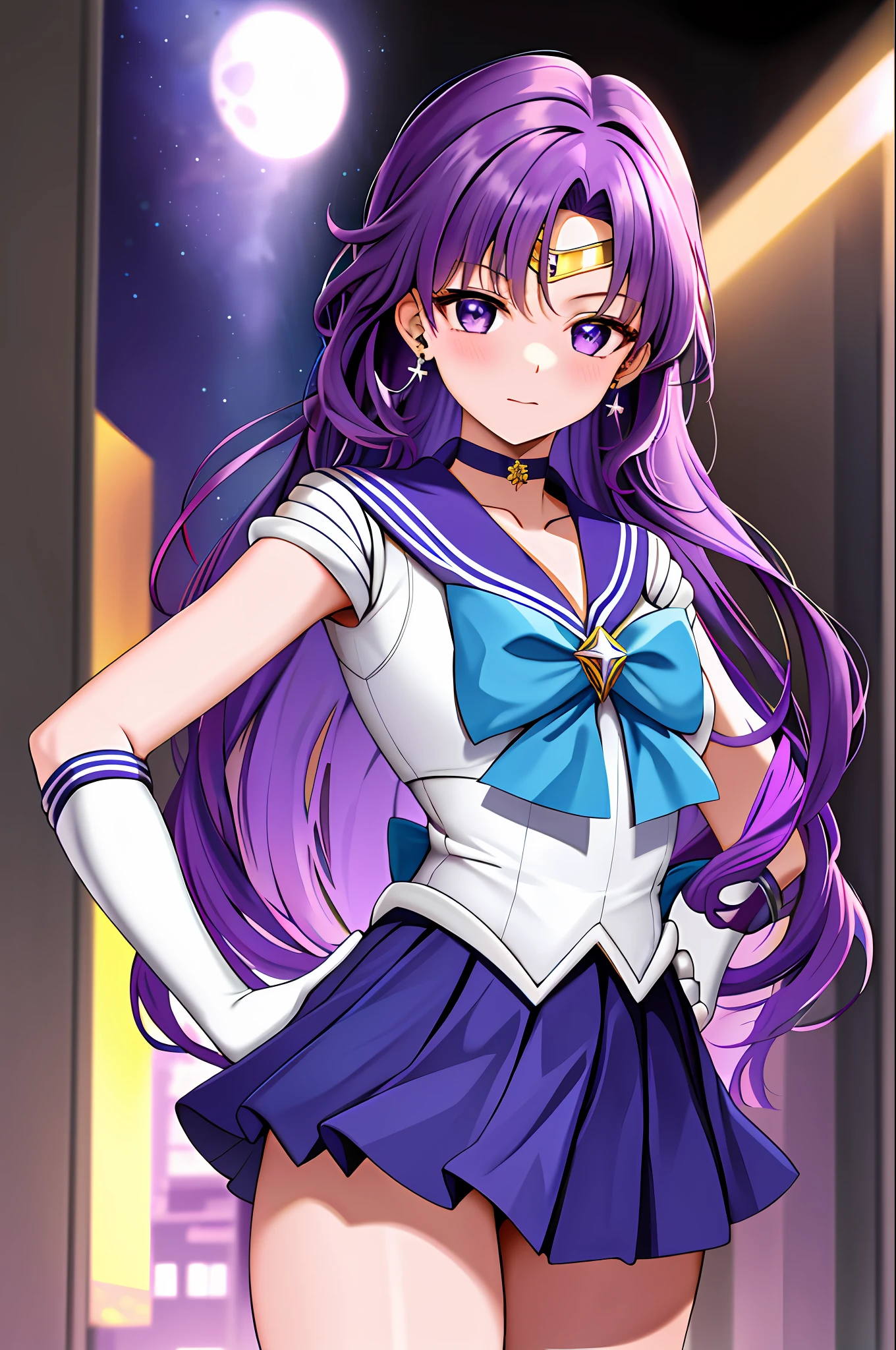 masterpiece, best quality, highres, mer1, long purple hair, purple hair, long hair, golden tiara, sailor senshi uniform, blue skirt, blue sailor collar, tiara, bow, knee boots, choker, white gloves, blue choker, elbow gloves, jewelry, earrings, pleated skirt, cowboy shot, hand on hip, city, golden hairpiece,