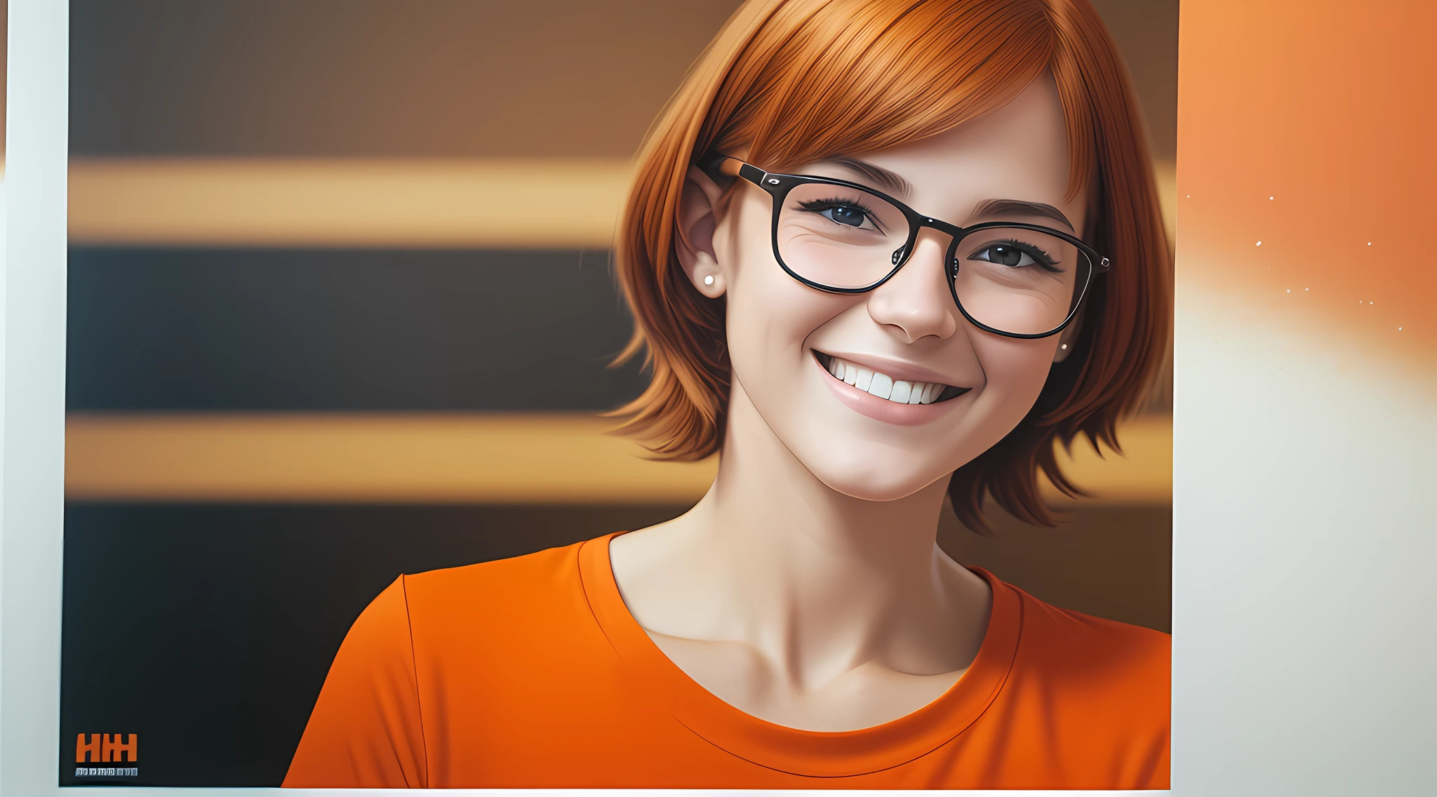 A 27-year-old female character wearing gorgeous orange glasses and smiling wearing a plain orange mesh T-shirt, very short and spiky orange brown hair, holding a blank poster in an advertising agency with orange walls, blurry background, smiling, cinematic lighting, shallow depth of field, 8k UHD, DSLR, 35mm 1.8 lens, masterpiece, high quality, photorealistic, realism, hyperrealism, art photography --auto --s2
