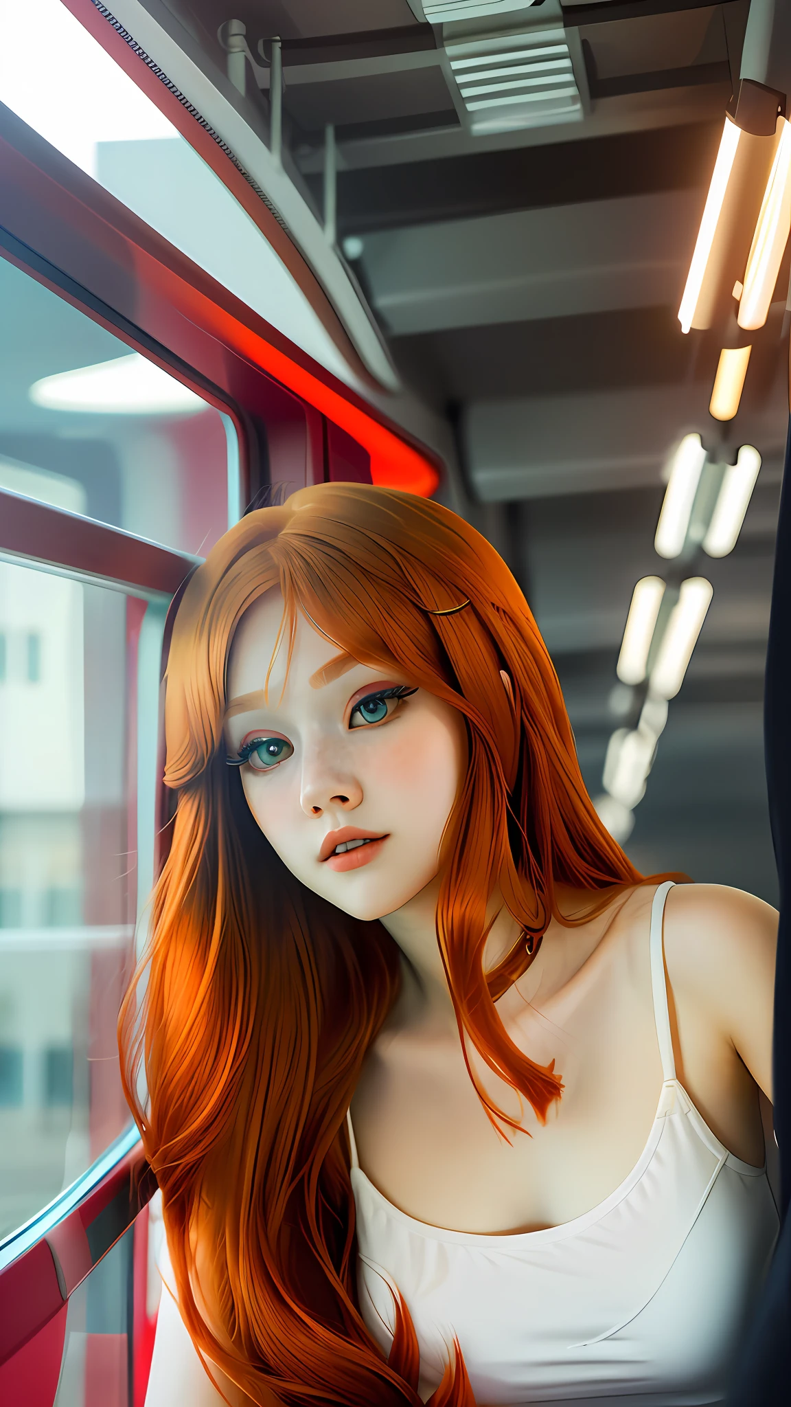 woman, solo, young , (eyeliner: 1.1) detailed face, upper body, detailed eyes, long red hair looking at each other