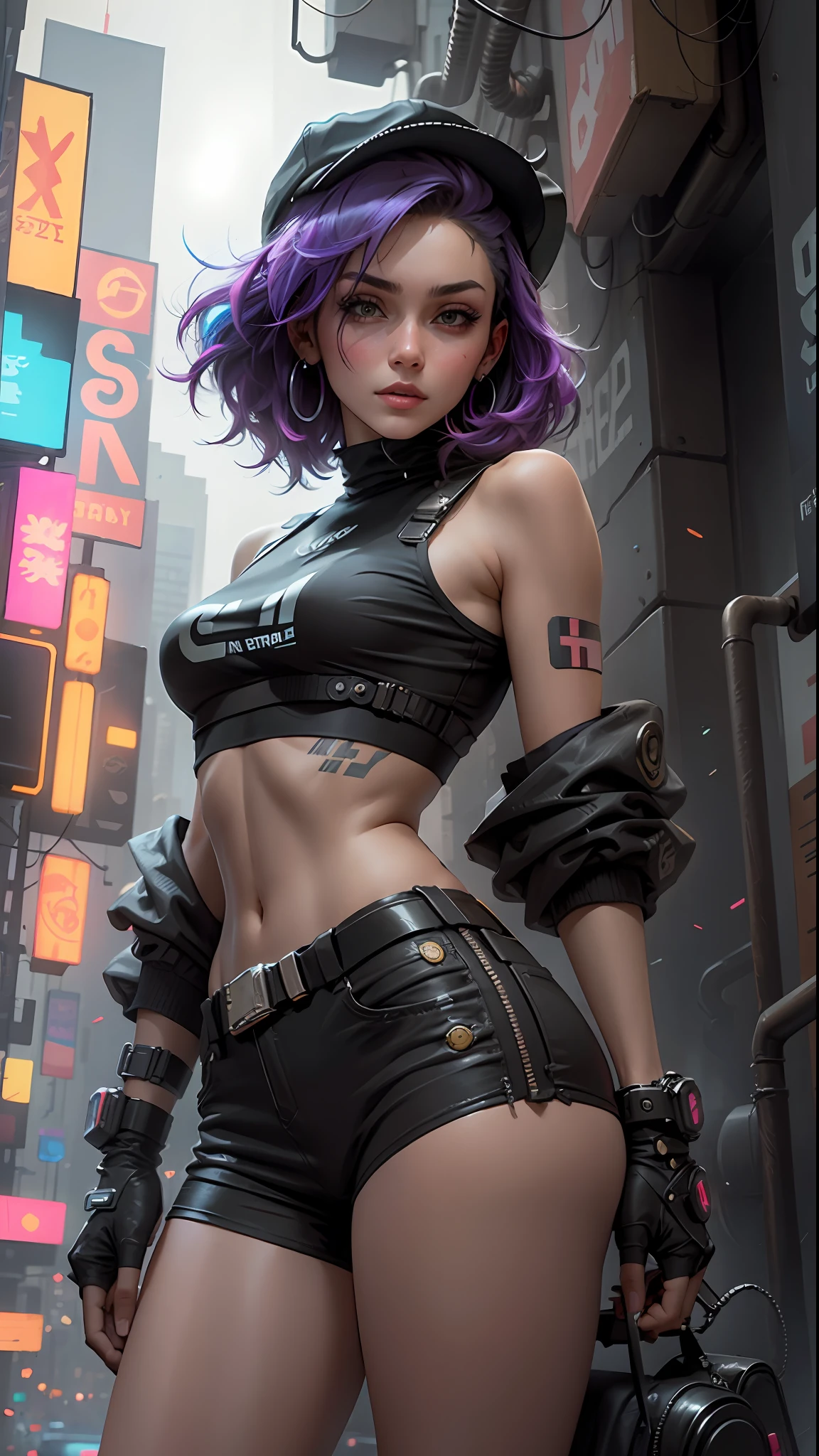 Beautiful woman with medium hair, wearing a hat, short cyberpunk-style outfit, crop top