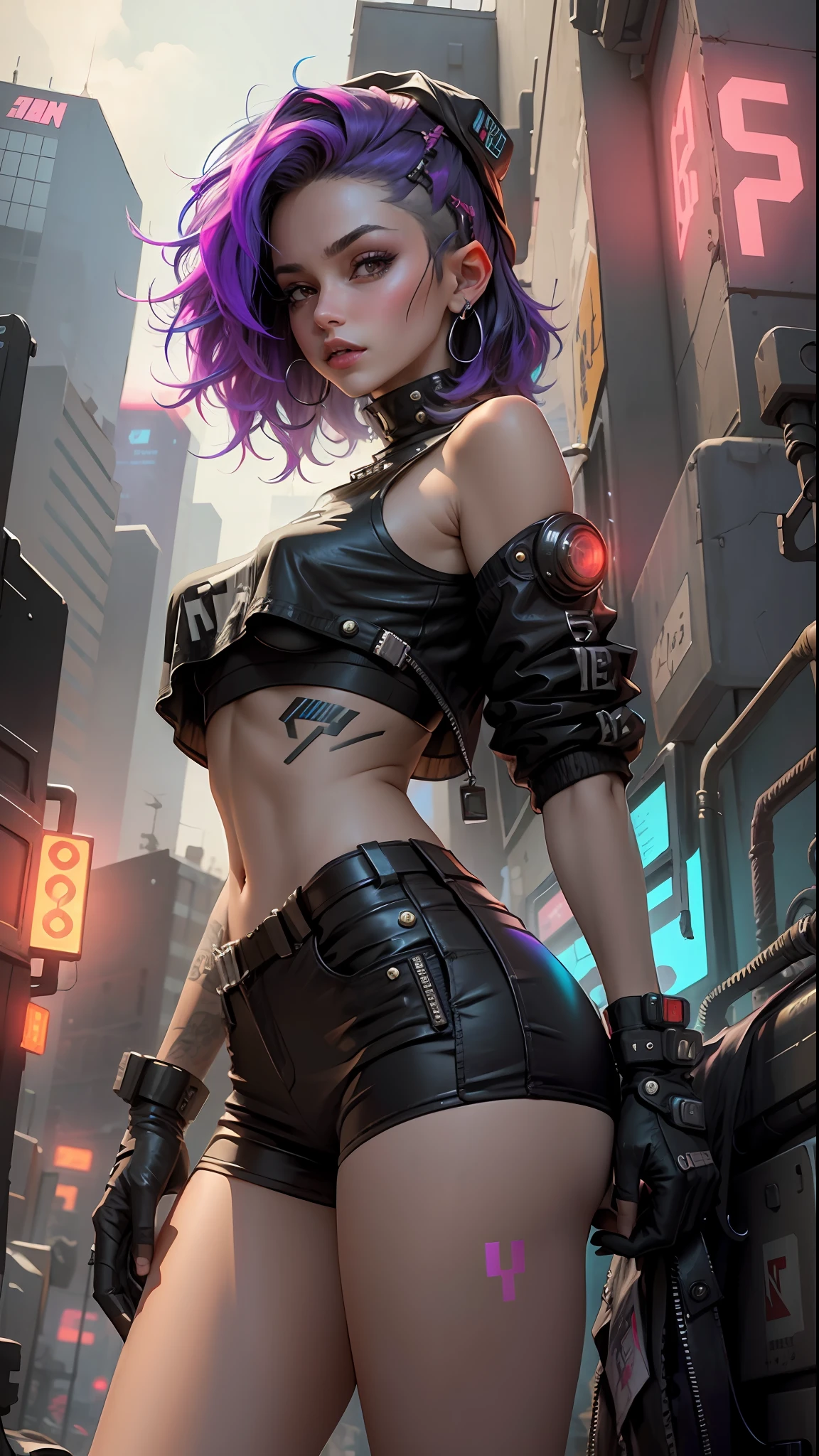 Beautiful woman with medium hair, wearing a hat, short cyberpunk-style outfit, crop top