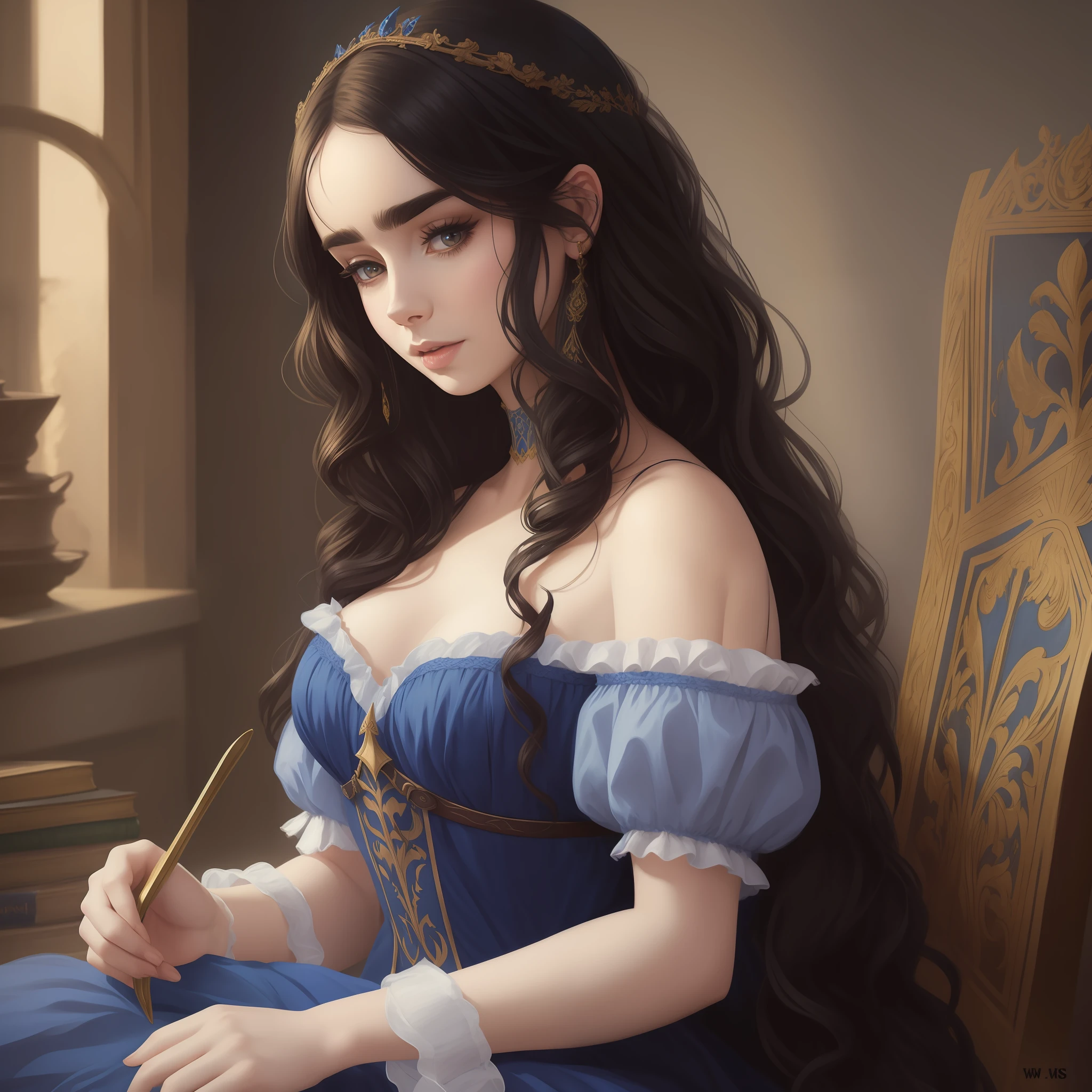 Lily Collins with long black curly hair in a blue chemise medieval, medieval clothing, the illustration is detailed, smooth and bright, HD art by WLOP