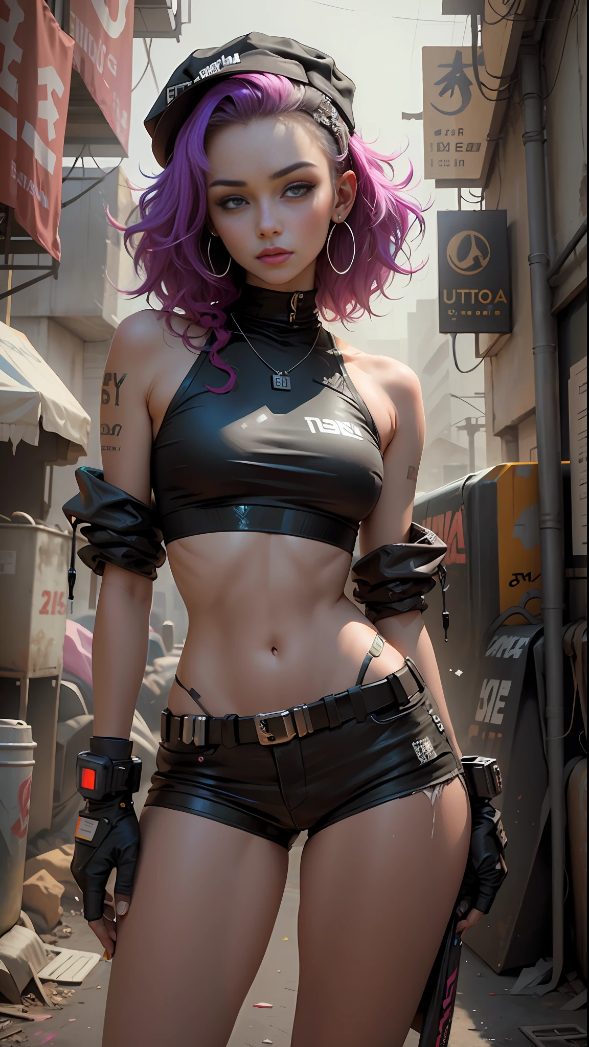 Beautiful woman with medium hair, wearing hat, cyberpunk style short clothes, crop top, heavy hand painting