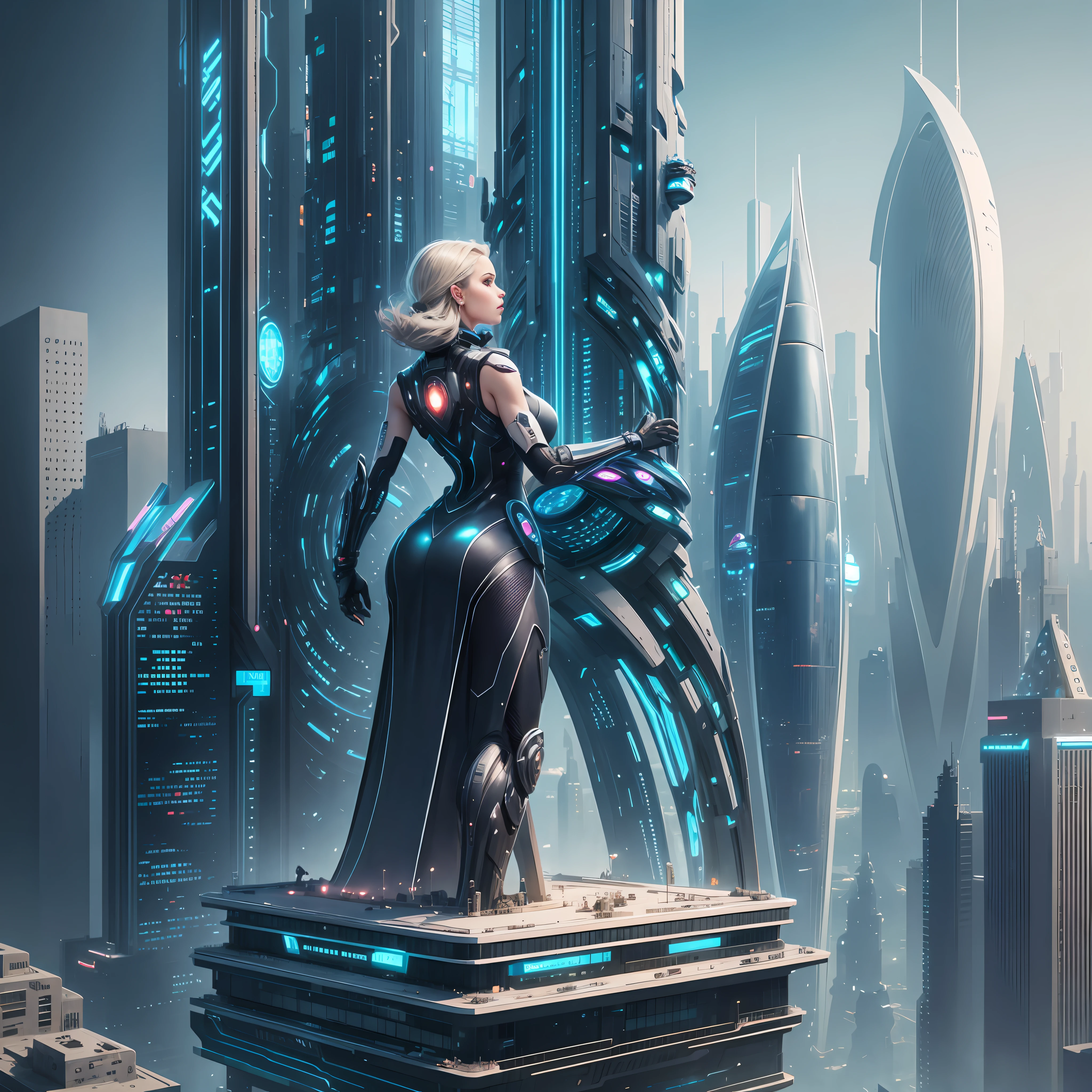 Futuristic city, ultra quality, woman on top of building --auto --s2