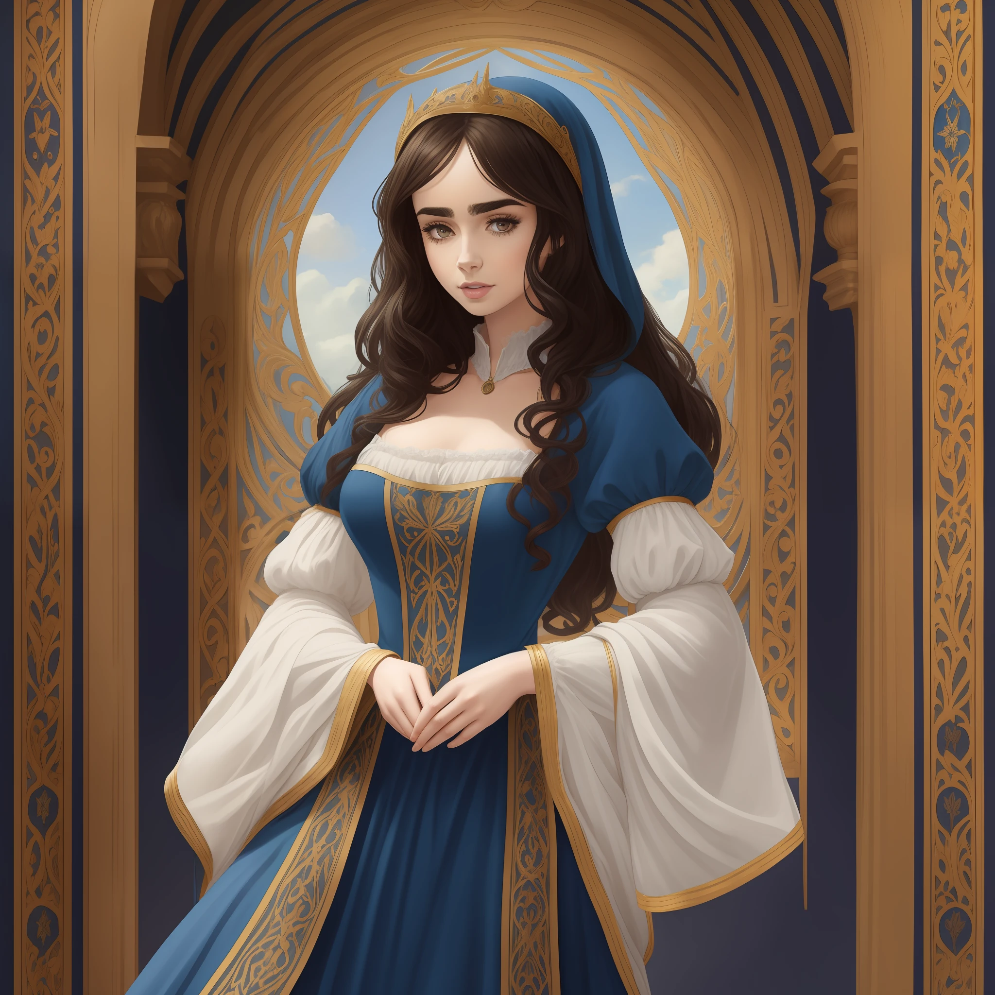 Lily Collins with long black curly hair in a blue chemise medieval, medieval clothing, the illustration is detailed, smooth and bright, HD