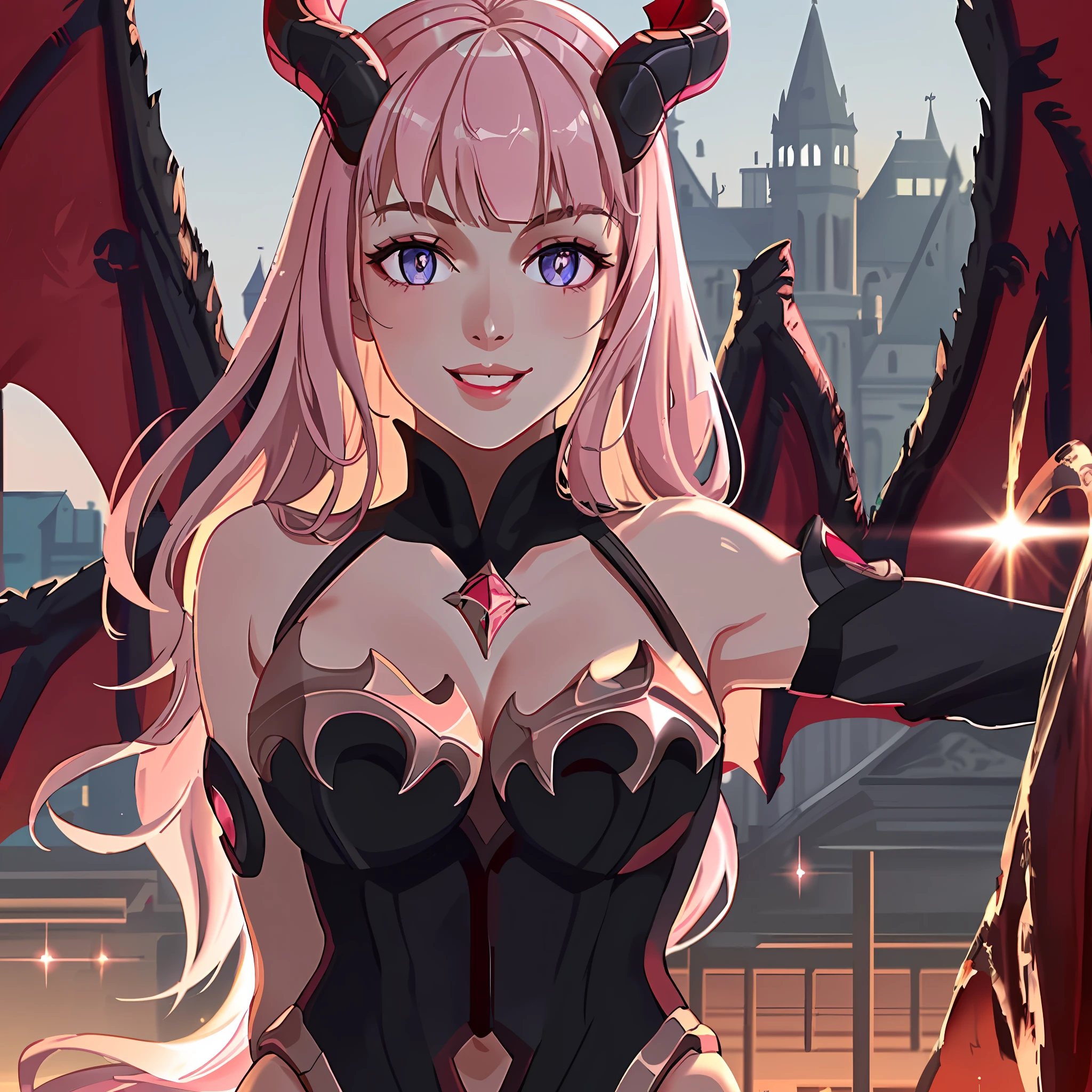 1girl, big breasts, wet, light smile, veneto swimsuit, navel,(( arms behind back: 1.5)), leaning forward, décolletage, outdoor, street, shower,fisheye, solo, huge breasts, sexy pose,milf,mom((Mobile legends bang bang Alice: 1.3)), pink hair,horns, light flare, depth, dynamic light , complex details of face, pure eyes, realistic pupils, masterpiece, best quality, super quality, UHD,((wearing black lingerie: 1.6))