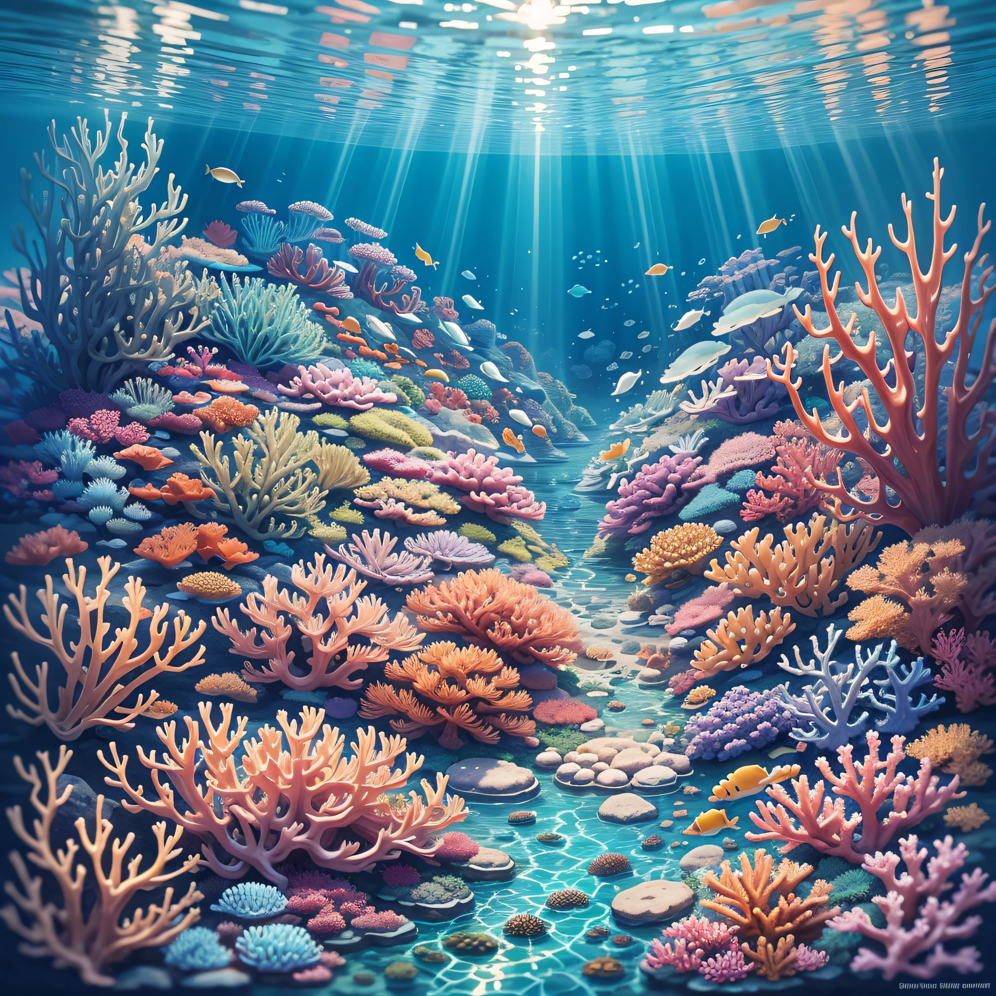 relaxing sea background, lots of fish, light blue hue, sun rays, corals in the background, realistic image. --auto --s2