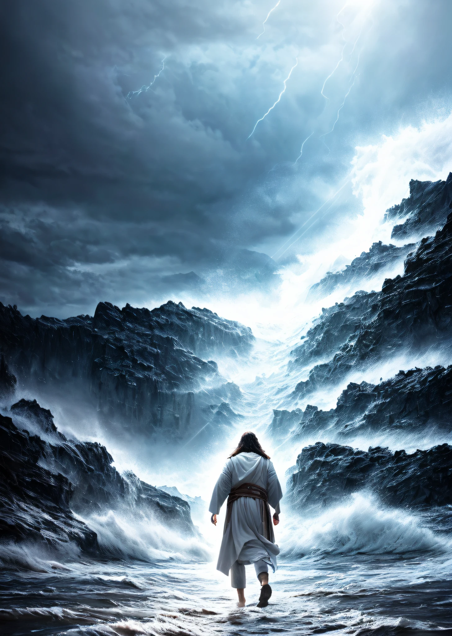 Jesus walking on water in a storm, expression of power, streaks of light descending from the sky, masterpiece, high quality, high quality, highly detailed CG unit 8k wallpaper, award-winning photos, bokeh, depth of field, HDR, bloom, chromatic aberration, realistic, very detailed, trend in artstation, trend in CGsociety, complex, high detail, dramatic, art in the middle of the journey,  Volumetric lighting
