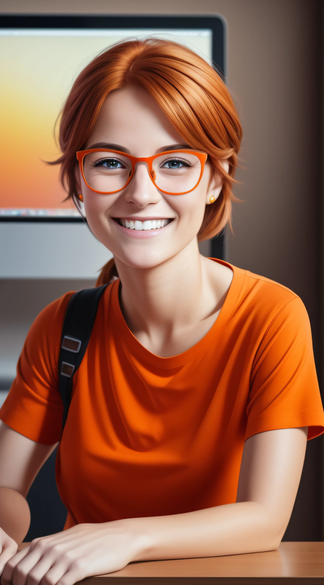 a character 27 year old woman wearing beautiful orange glasses and smiling wearing a plain orange knit t-shirt, very short and spiky orange brown hair, working an advertising agency with orange walls, blurred background, looking at the monitor of an iMac, smiling, cinematic lighting, shallow depth of field, 8k uhd, dslr, 35 mm 1.8 lens, masterpiece, high quality, photorealistic, realism, hyperrealism, art photography --auto --s2