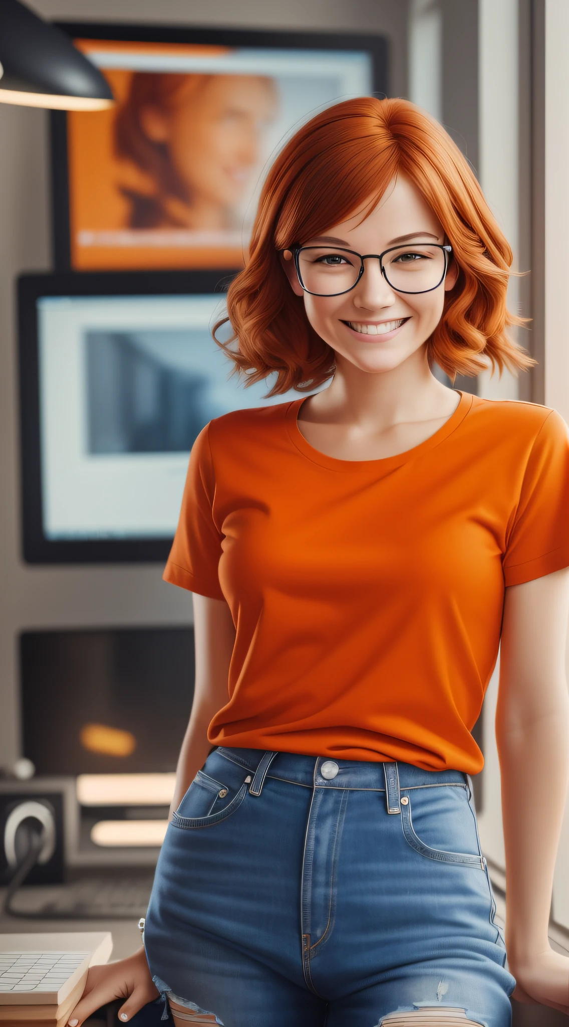 a character 27 year old woman wearing beautiful orange glasses and smiling wearing a plain orange knit t-shirt, very short and spiky orange brown hair, working an advertising agency with orange walls, blurred background, looking at the monitor of an iMac, smiling, cinematic lighting, shallow depth of field, 8k uhd, dslr, 35 mm 1.8 lens, masterpiece, high quality, photorealistic, realism, hyperrealism, art photography --auto --s2