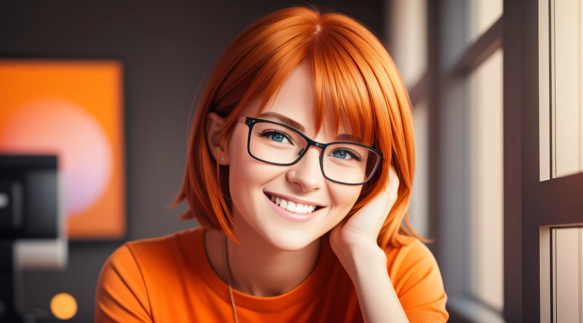 a character 27 year old woman wearing beautiful orange glasses and smiling wearing a plain orange knit t-shirt, very short and spiky orange brown hair, working an advertising agency with orange walls, blurred background, looking at the monitor of an iMac, smiling, cinematic lighting, shallow depth of field, 8k uhd, dslr, 35 mm 1.8 lens, masterpiece, high quality, photorealistic, realism, hyperrealism, art photography --auto --s2