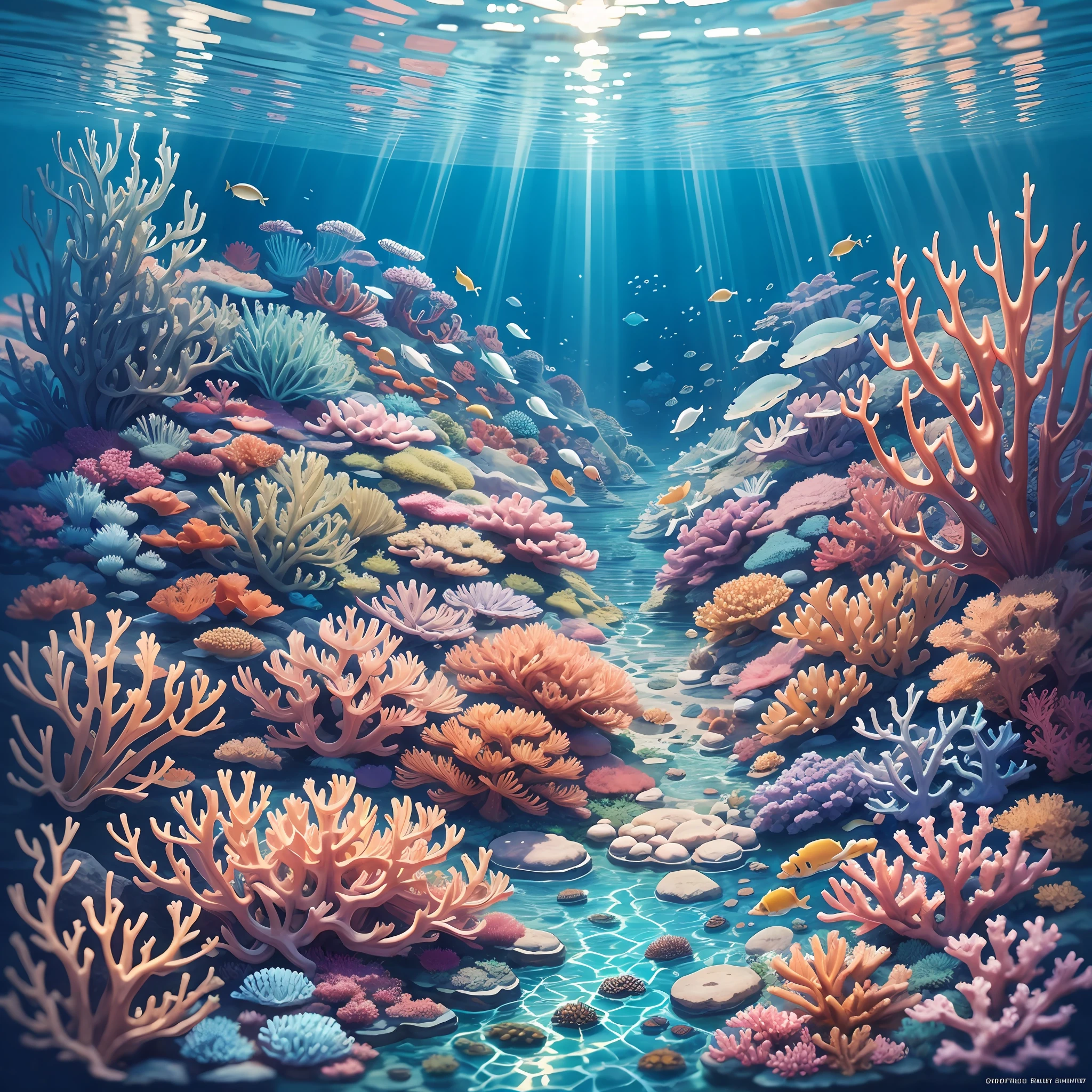 relaxing sea background, lots of fish, light blue hue, sun rays, corals in the background, realistic image. --auto --s2