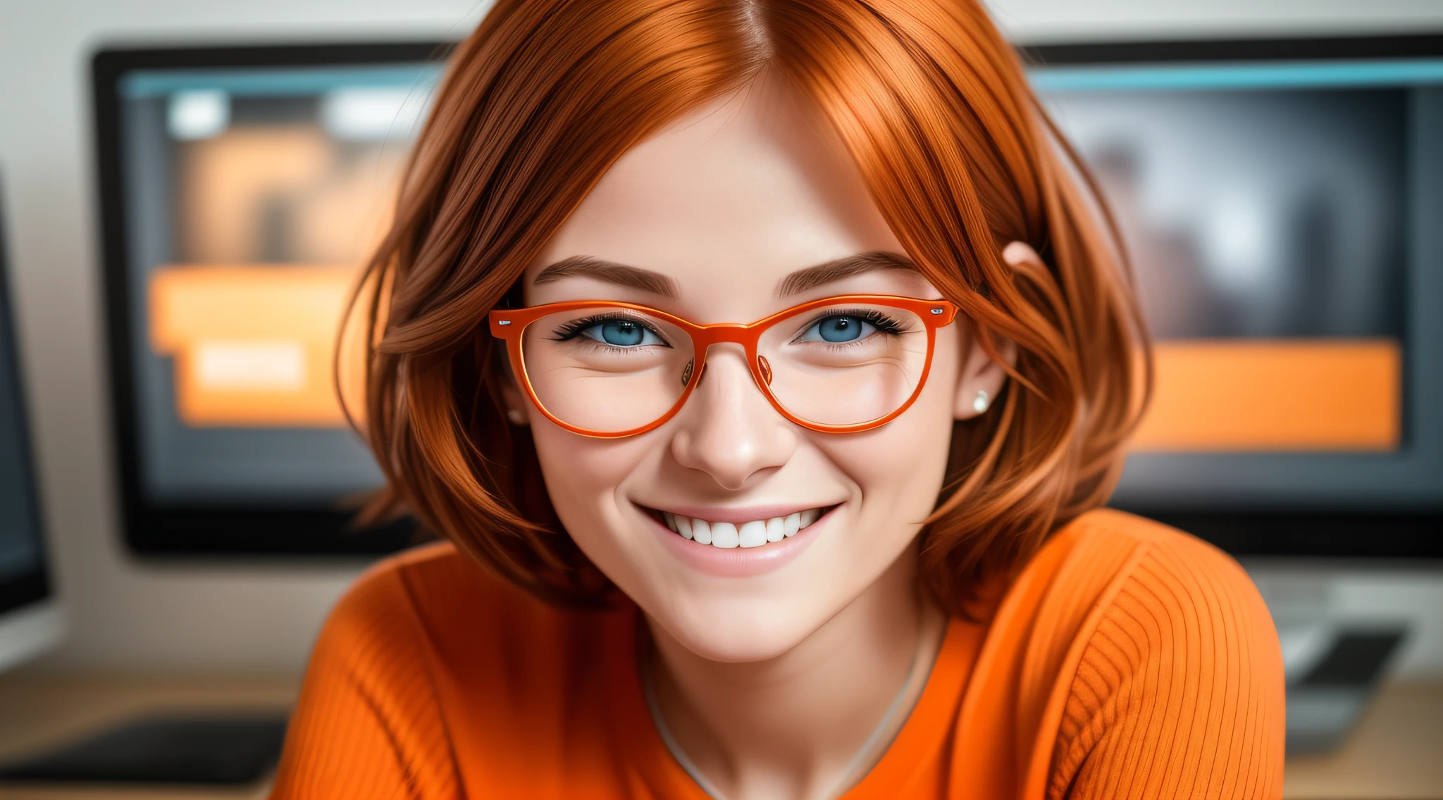 a character 27 year old woman wearing beautiful orange glasses and smiling wearing a plain orange knit t-shirt, very short and spiky orange brown hair, working an advertising agency with orange walls, blurred background, looking at the monitor of an iMac, smiling, cinematic lighting, shallow depth of field, 8k uhd, dslr, 35 mm 1.8 lens, masterpiece, high quality, photorealistic, realism, hyperrealism, art photography --auto --s2