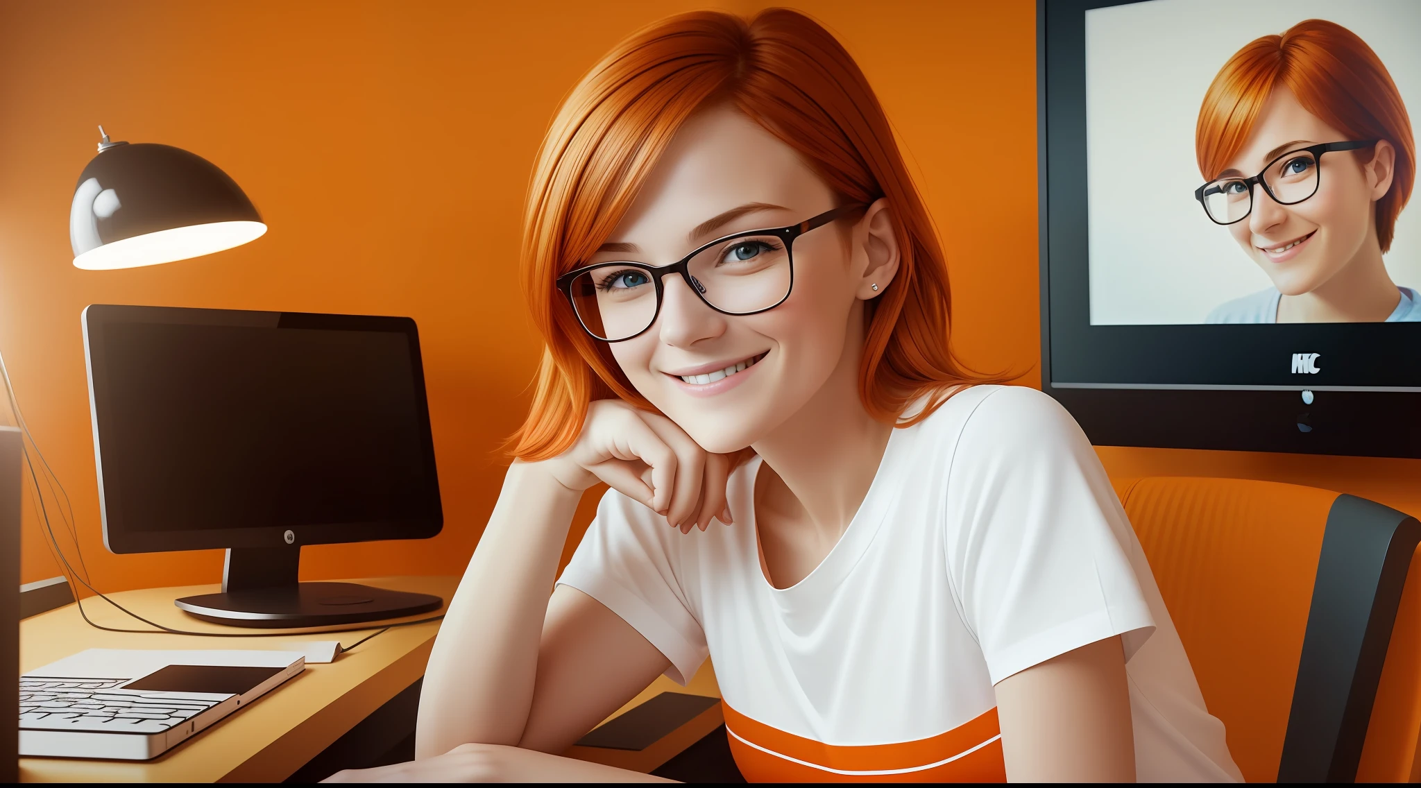 a character 27 year old woman wearing beautiful orange glasses and smiling wearing a plain orange knit t-shirt, very short and spiky orange brown hair, working an advertising agency with orange walls, blurred background, looking at the monitor of an iMac, smiling, cinematic lighting, shallow depth of field, 8k uhd, dslr, 35 mm 1.8 lens, masterpiece, high quality, photorealistic, realism, hyperrealism, art photography --auto --s2
