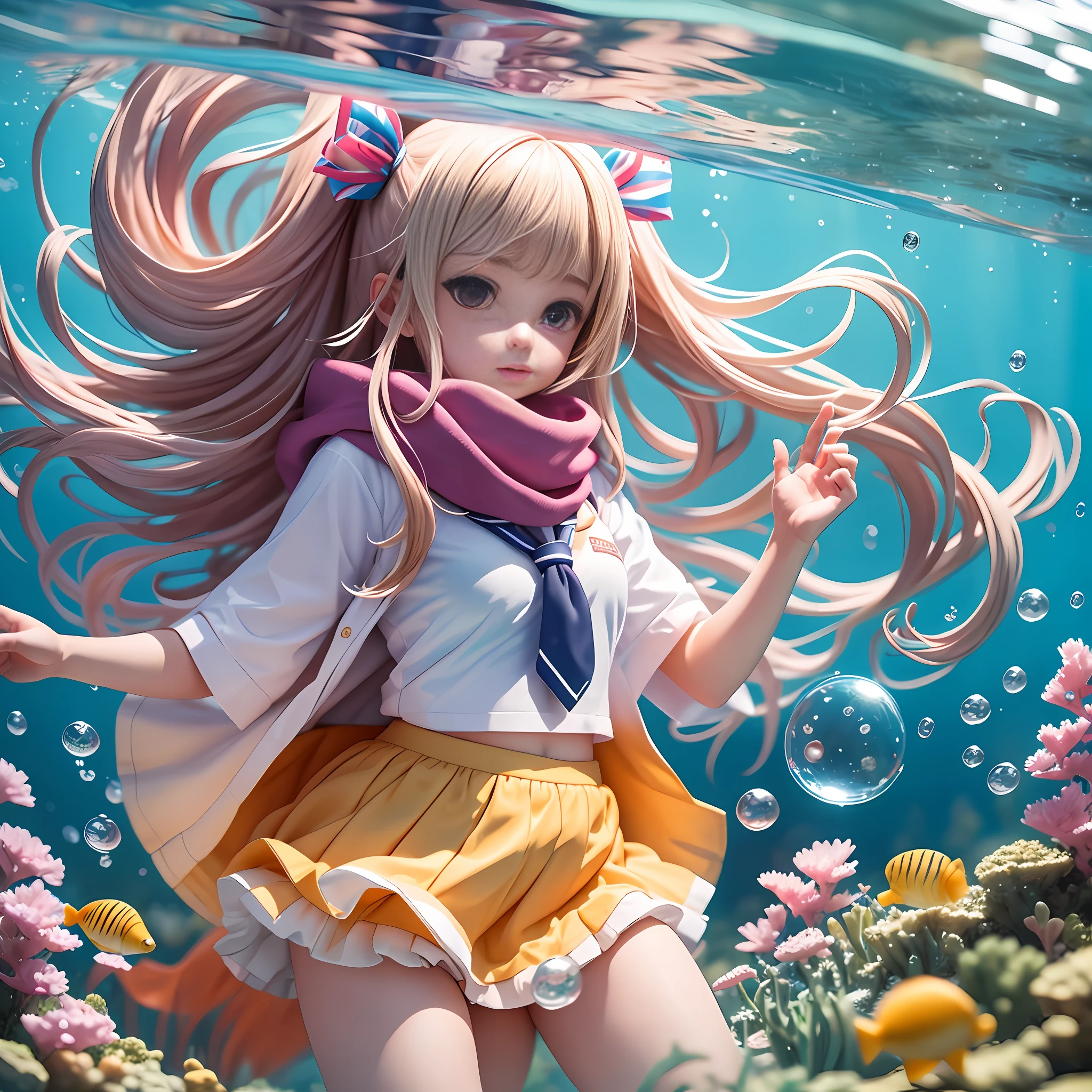 Bubble, Rating: Safety, Bubble, Underwater, 1girl, Fish, Long Hair, Submerged, School Uniform, Serafuku, Solo, Water, Skirt, Scarf, Short Sleeve, 3D, Movie Level