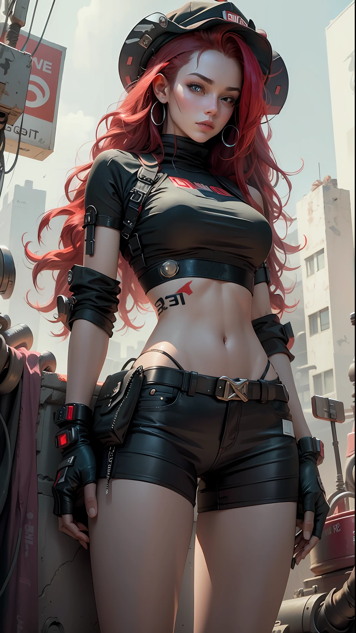 Beauty, long hair (red), wearing hat, short cyberpunk style, crop top, big breasts