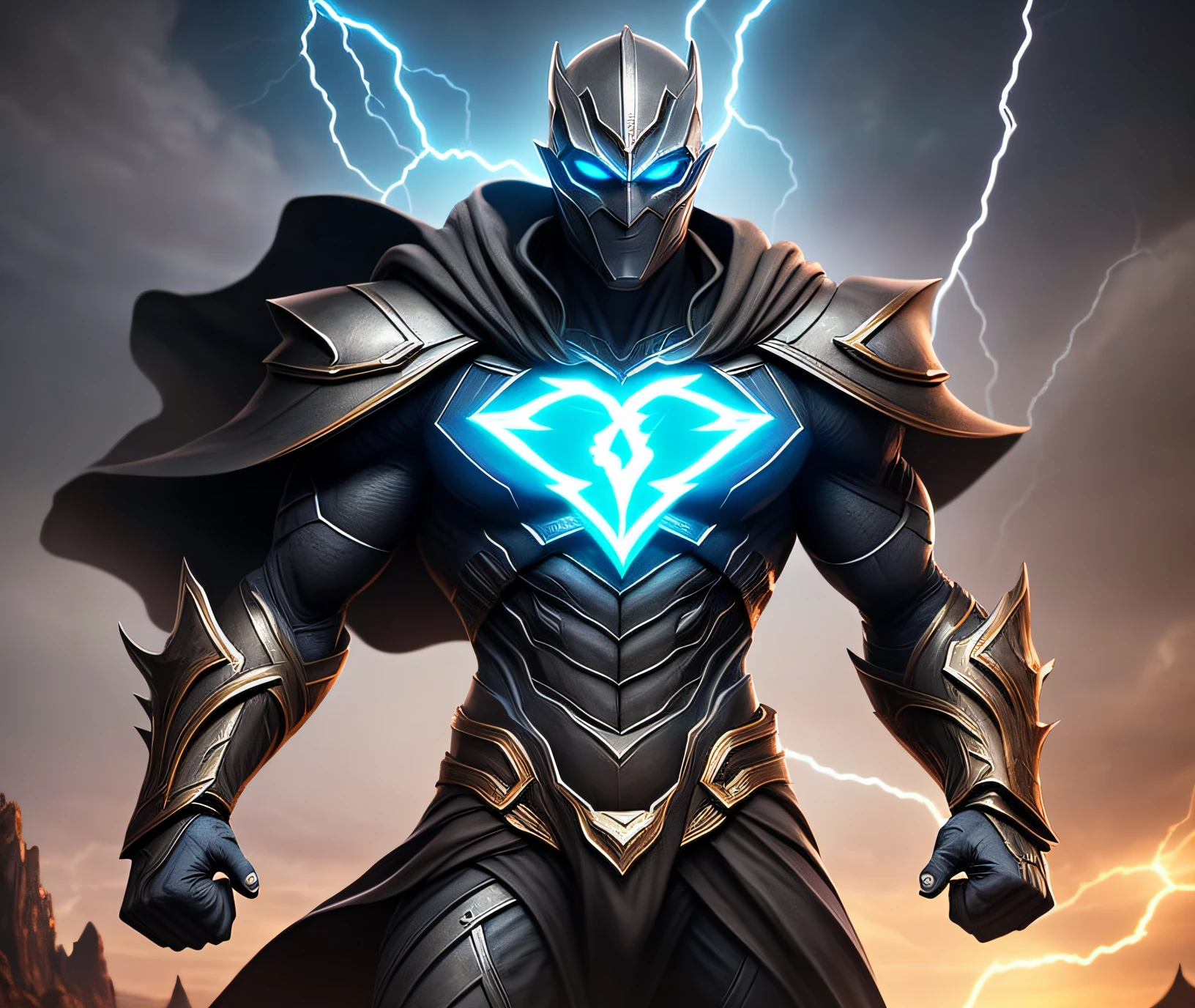 evil male sand elemental monster sandstone statue hovering in a dark lightning storm, sandstone armor covered in black rags, perfect detailed face, black hair, hovering in a dark lightning storm, black billowing clouds sparkling with white electricity, bioluminescent armor accents, full body, superman pose --auto --s2
