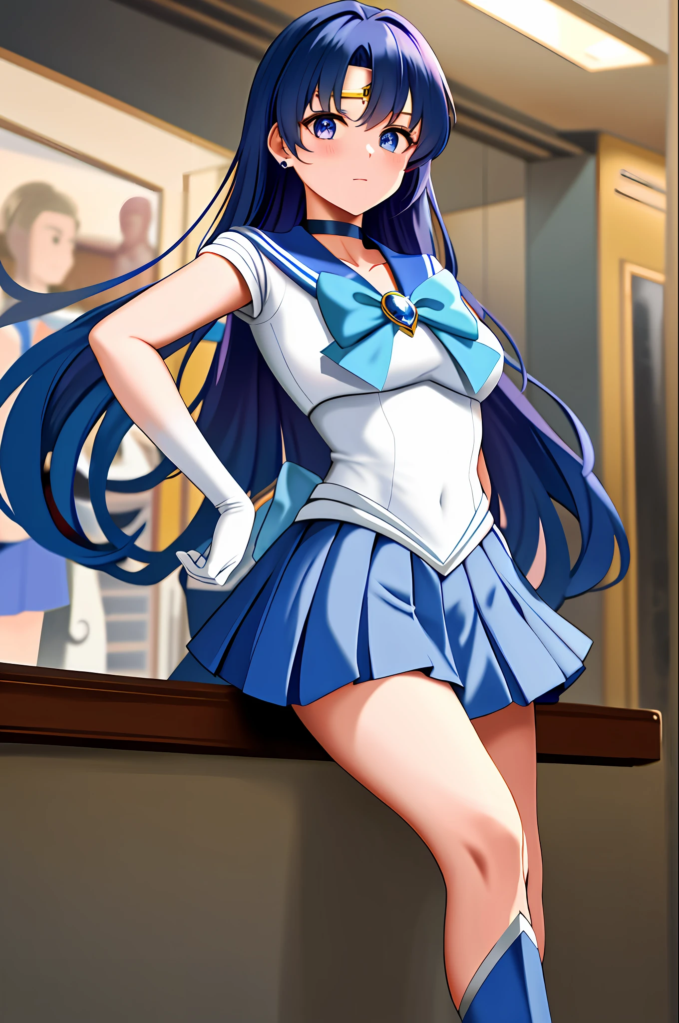 masterpiece, best quality, highres, mer1, long blue violet hair, blue violet hair, long hair, golden tiara, sailor senshi uniform, blue skirt, blue sailor collar, tiara, bow, knee boots, choker, white gloves, blue choker, elbow gloves, jewelry, earrings, pleated skirt, cowboy shot, hand on hip, city, golden hairpiece,