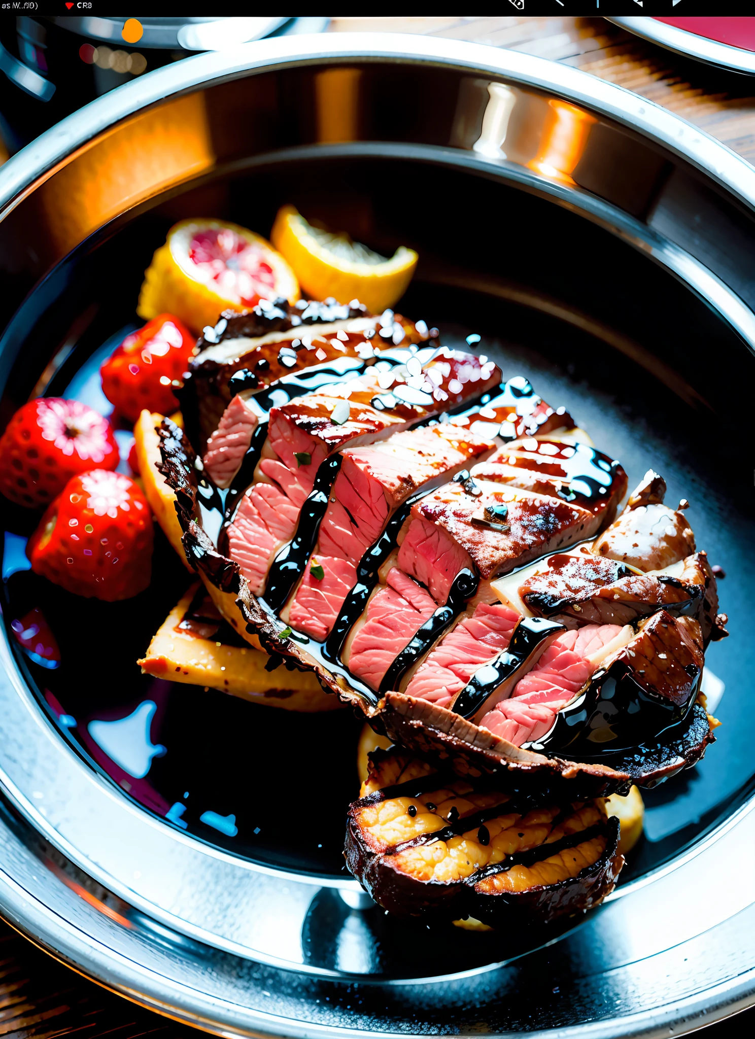 yummy beef grill steak, food photograph, food styling, long shot, lens 85 mm, f 11, studio photograph, ultra detailed, octane render, 8k, --q 2 --s 6000 --ar 2:3