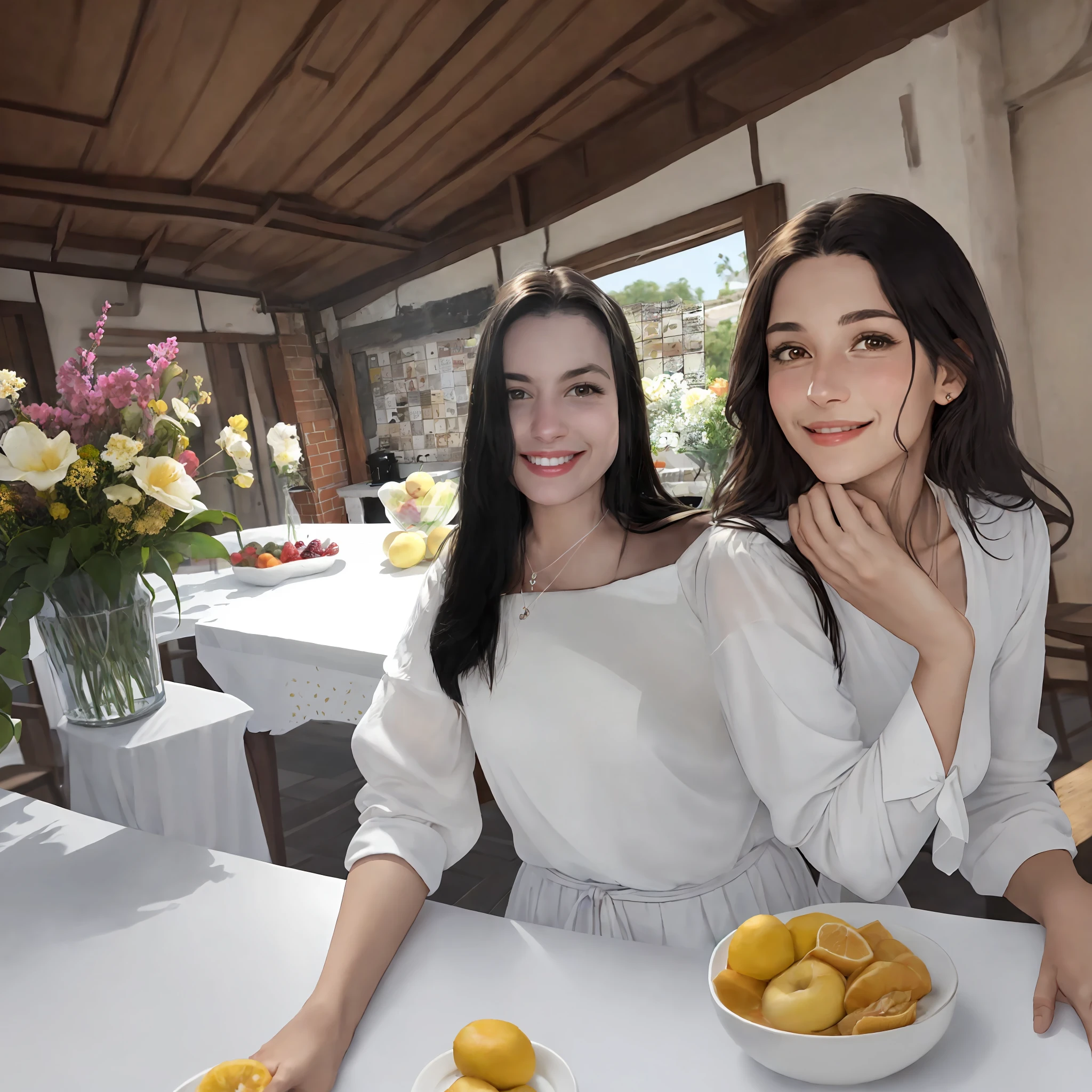 smiling woman in white top sitting at table with fruit and flowers, by Nándor Katona, alanis guillen, fernanda suarez, adriana dxim, beautiful and smiling, profile image, lovely smile, marischa becker, lorena avarez, 30-year-old woman from cuba, with a beautifull smile