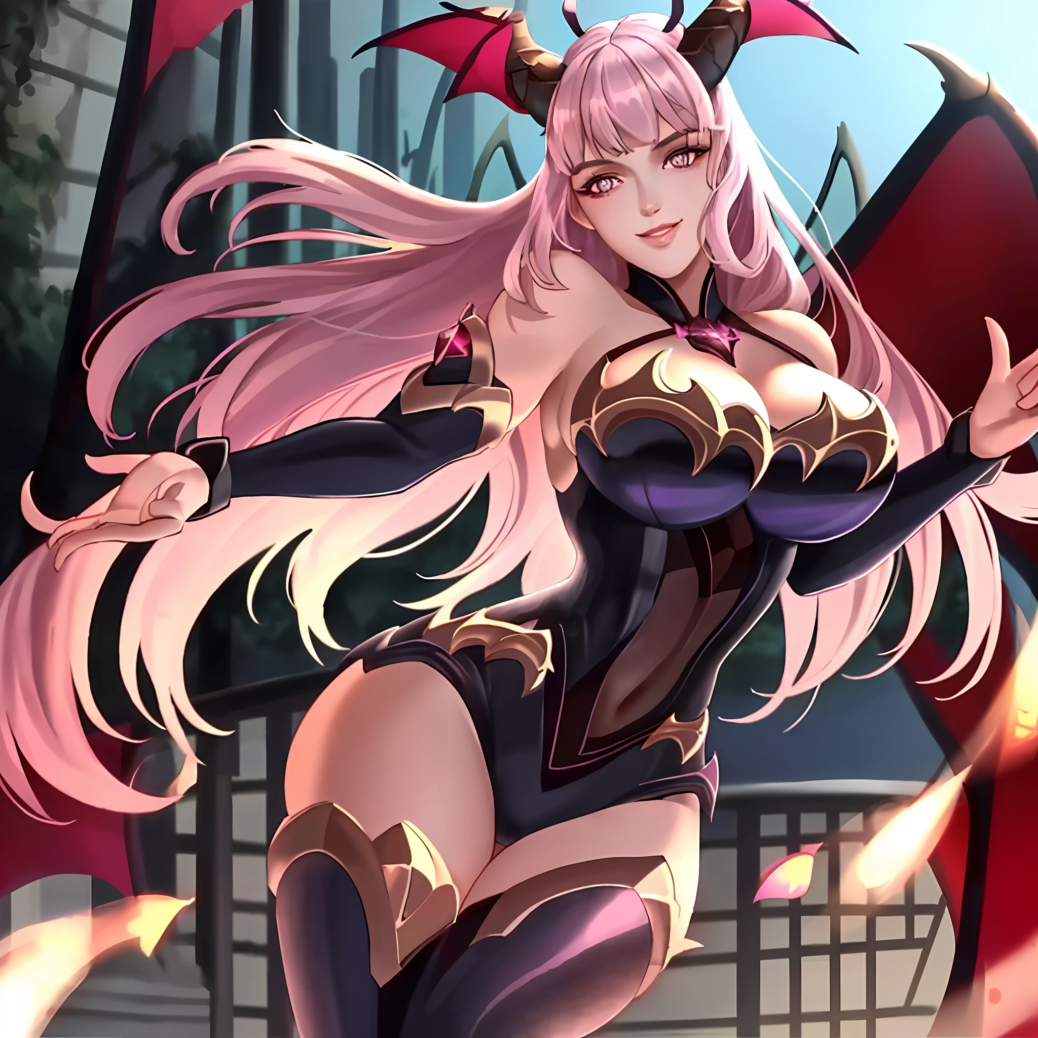 1girl, big breasts, wet, light smile, veneto swimsuit, navel, arms behind back, leaning forward, décolletage, outdoor, street, shower,fisheye, solo, huge breasts, sexy pose,milf,mom((Mobile legends bang bang Alice: 1.3)), pink hair,horns, light flare, depth, dynamic light , complex details of face, pure eyes, realistic pupils, masterpiece, best quality, super quality, UHD, anatomically correct, lots of glow , glowing butterfly,thicc thighs