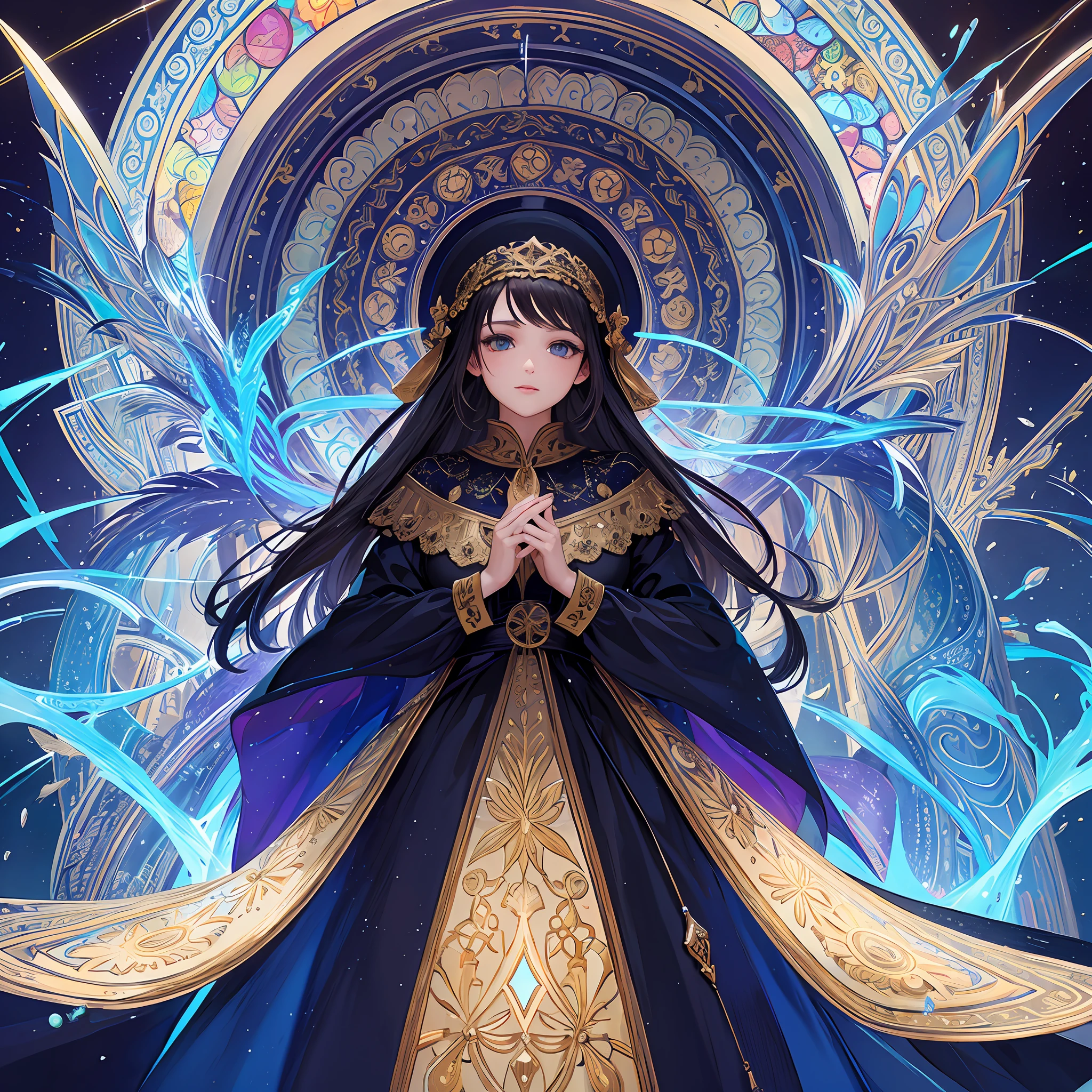 (masterpiece, top quality, best quality,official art, beautiful and aesthetic:1.2),(1girl:1.3), 1girl BREAK stained glass art, colored glass, lead lines, light transmission BREAK vibrant colors, intricate designs, luminous effects, spiritual ambiance
